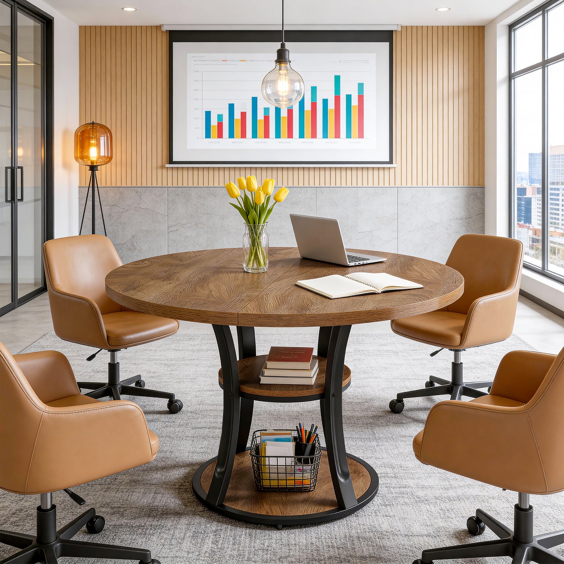 39" Small Conference Table, Modern Round Meeting Room Table for 2-4 People