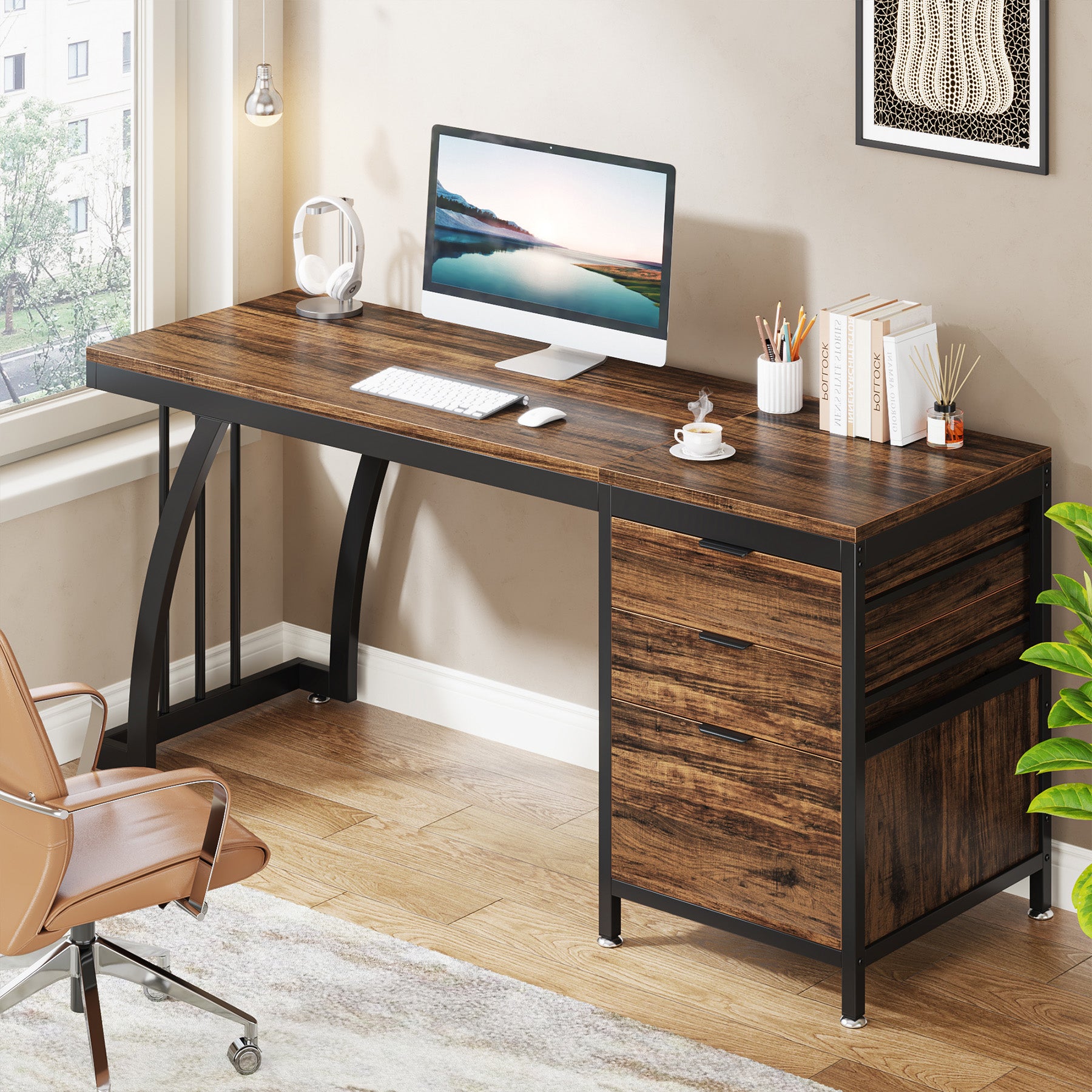 150 cm Computertafel, Industrieel Bureau Met 3 Ombouwbare Laden in Rustiek Bruin