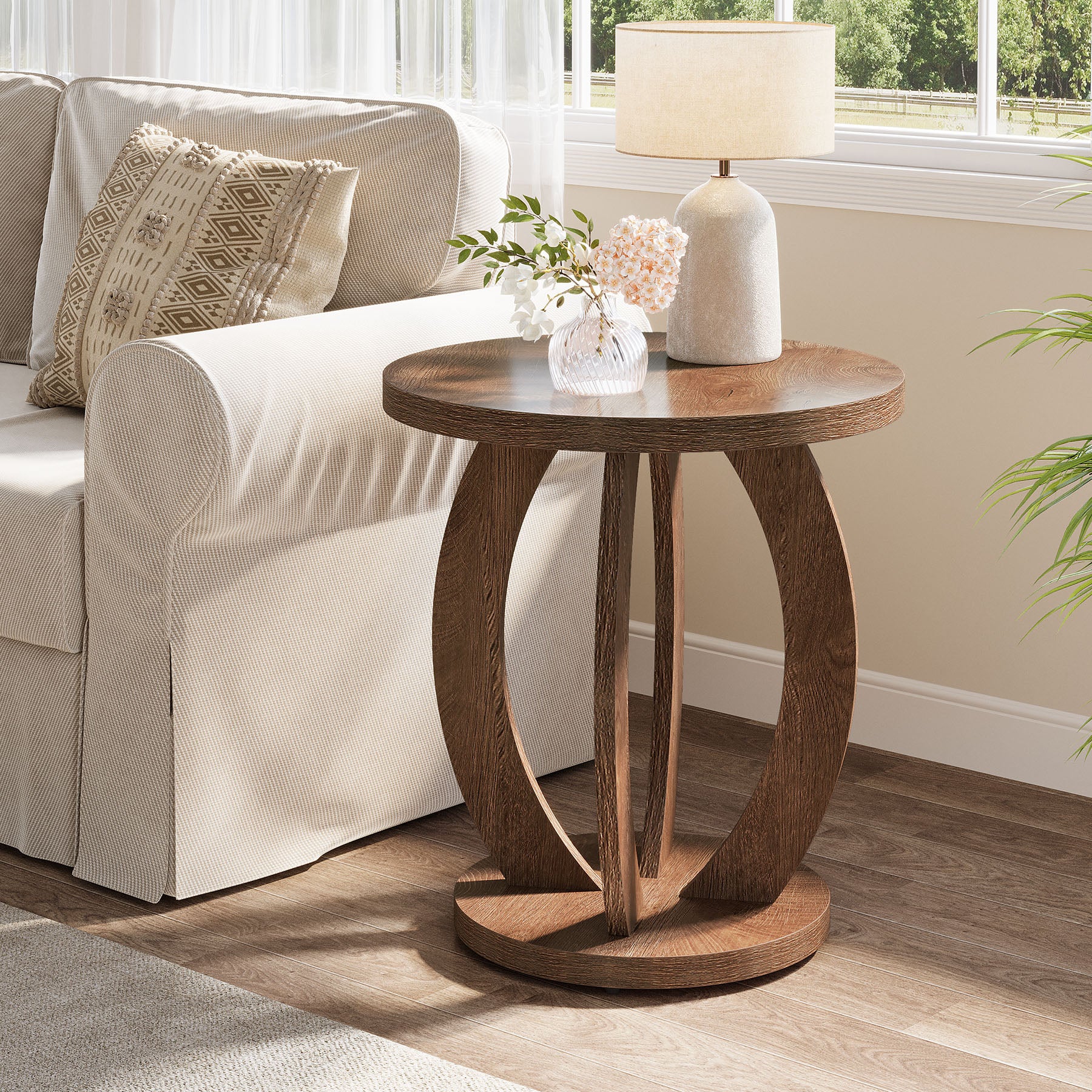60 cm Compacte ronde bijzettafel met opbergruimte, landelijk tafeltje voor kleine ruimtes