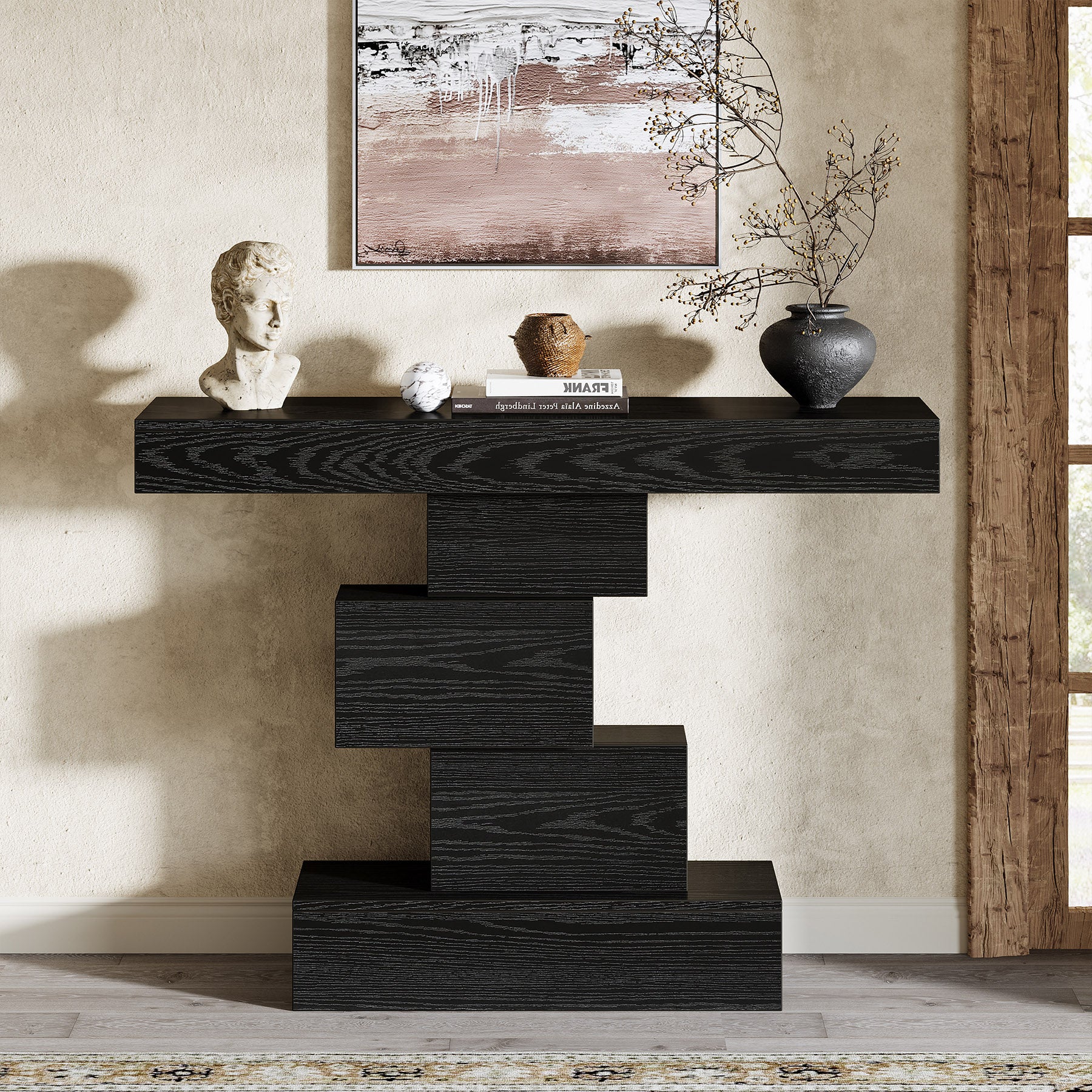 108 cm Landelijke Console, Industriële Bijzettafel met Geometrische Basis voor Hal en Woonkamer