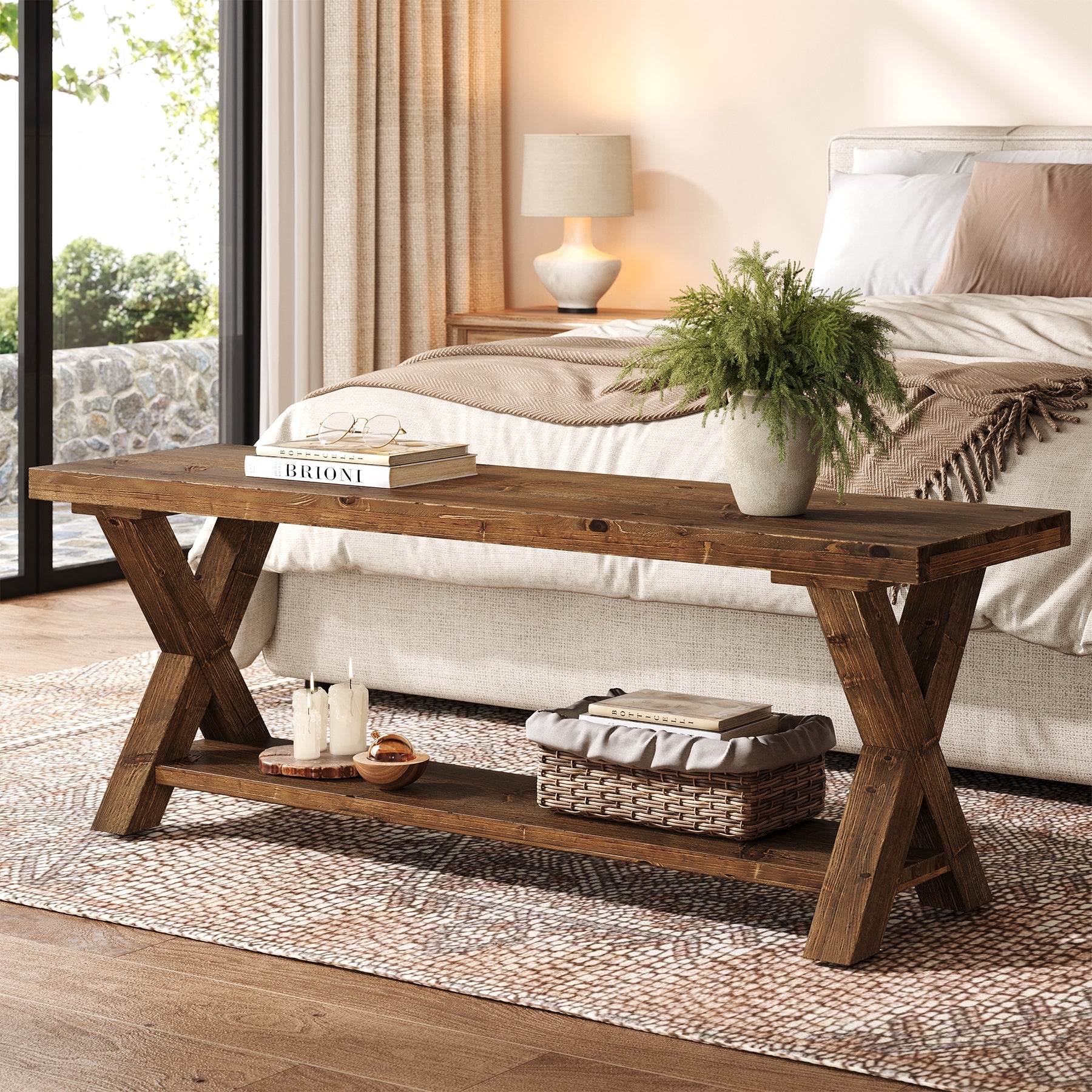 110 cm massief houten bank, landelijke halbank met opbergplank