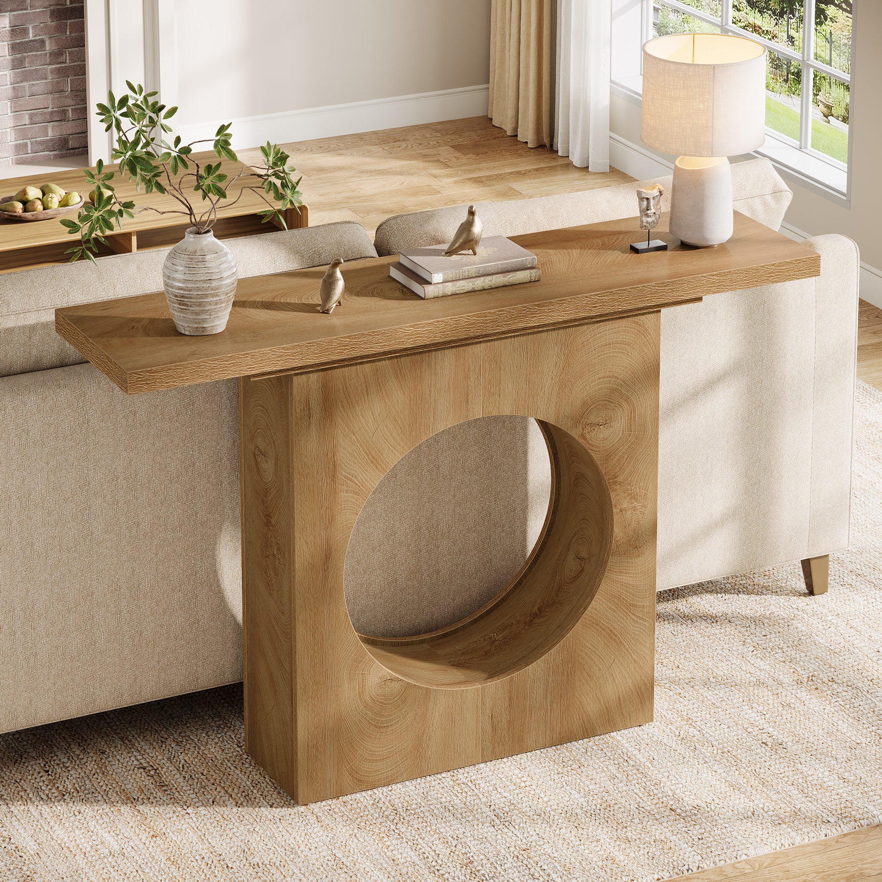 105 cm Landelijke Consoletafel met Rond Gat Ontwerp, Smalle Haltafel voor Woonkamer