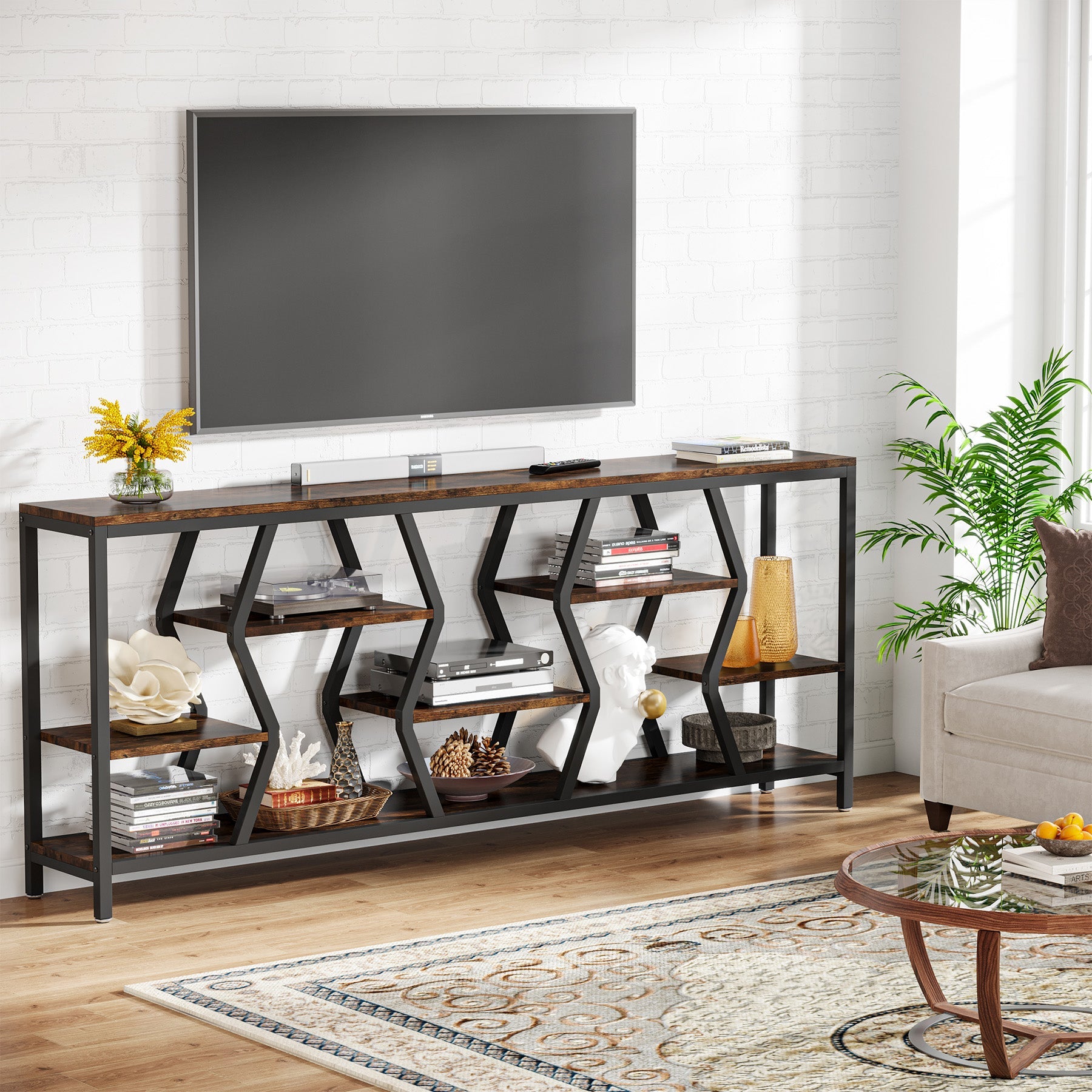 Tribesigns Consoletafel 180 cm met 4 Legplanken – Smalle Banktafel in Industriële Landhuisstijl
