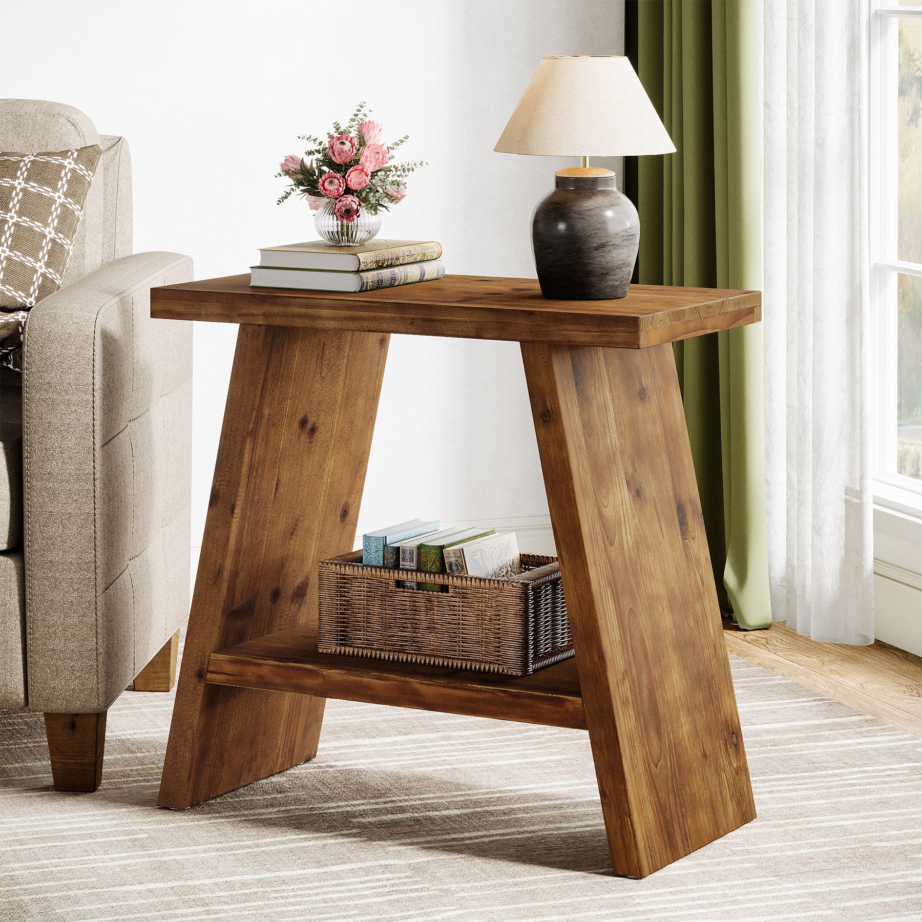 60 x 30 cm Smalle bijzettafel van massief hout met 2-laagse opbergruimte, landelijk nachtkastje voor woonkamer en slaapkamer