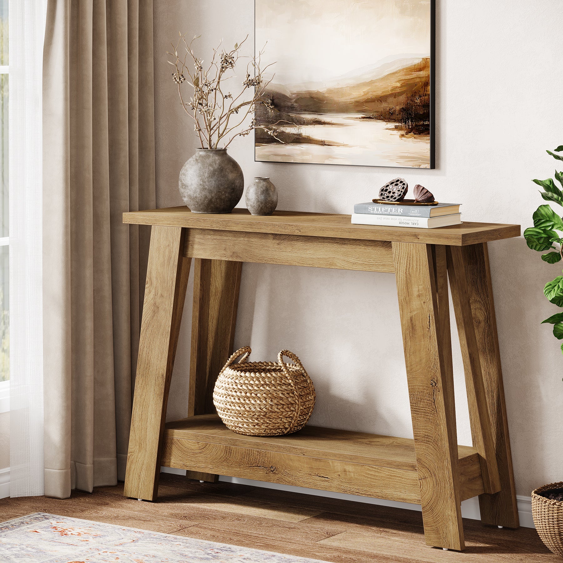 Tribesigns 105 cm Landelijke Consoletafel, Smalle 2-Laagse Entreetafel met Opbergruimte