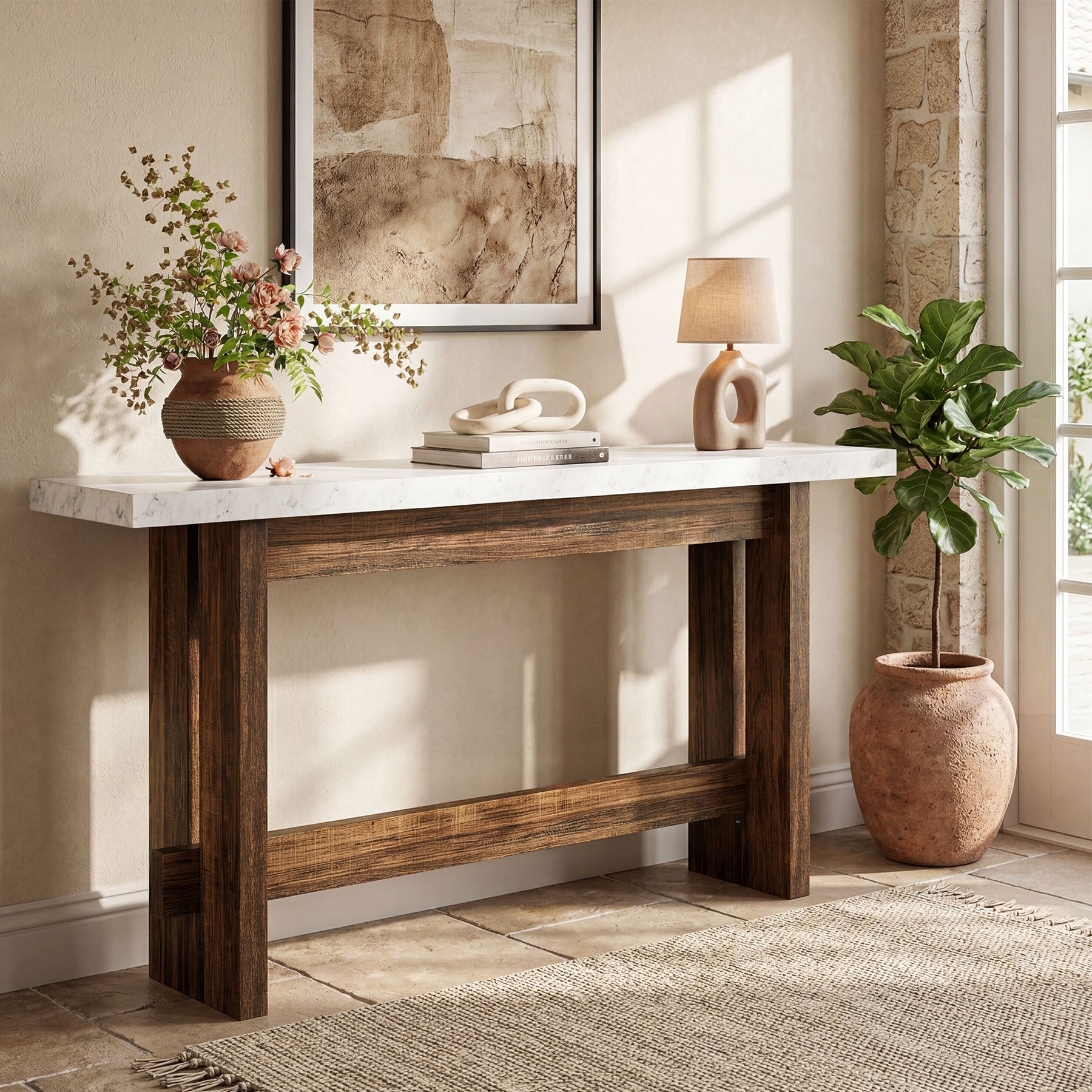 160 cm farmhouse consoletafel met marmerlook blad, smalle sidetable voor entree en woonkamer