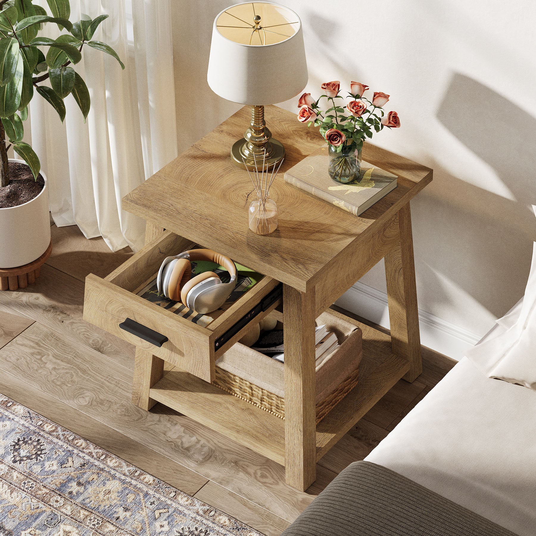 50 cm Tribesigns nachtkastje met lade, rustieke bedtafel met open plank voor slaapkamer