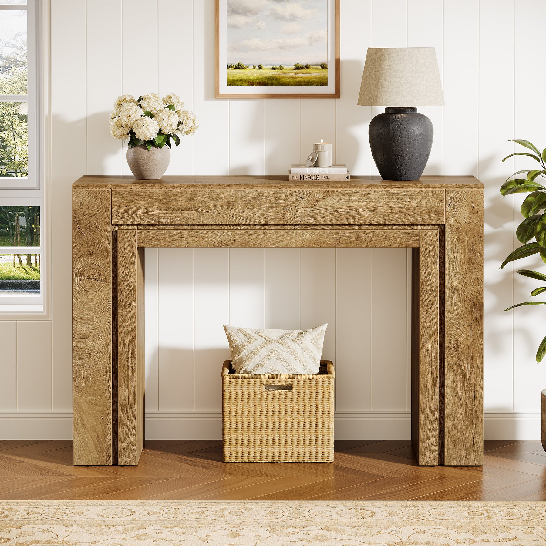 105 cm Landelijke Consoletafel met Dubbele Basis, Smalle Entreetafel voor Hal Woonkamer en Foyer