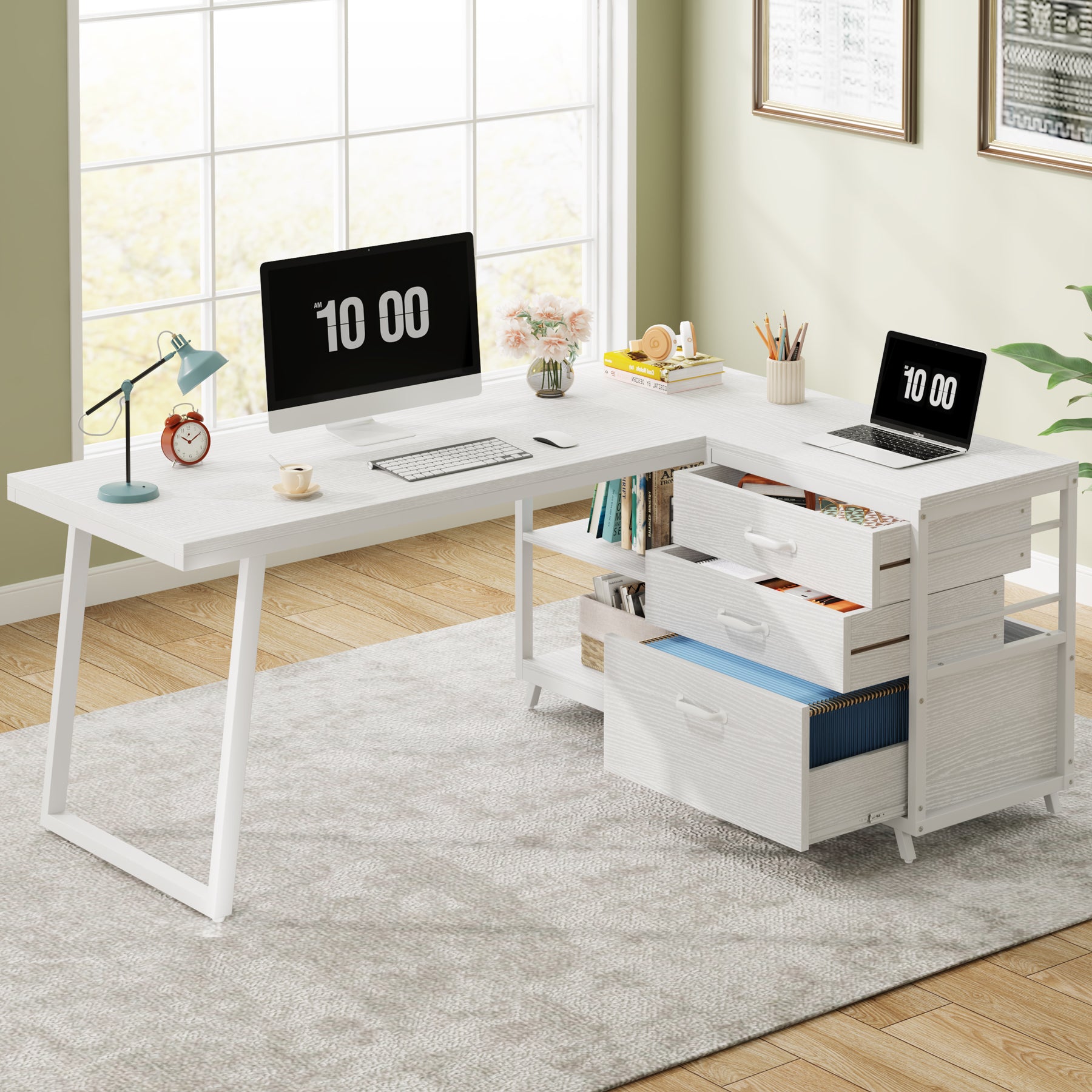 L-Vormig Computerbureau 133cm met 3 Laden, Industrieel Ontwerp voor Kantoor en Studie
