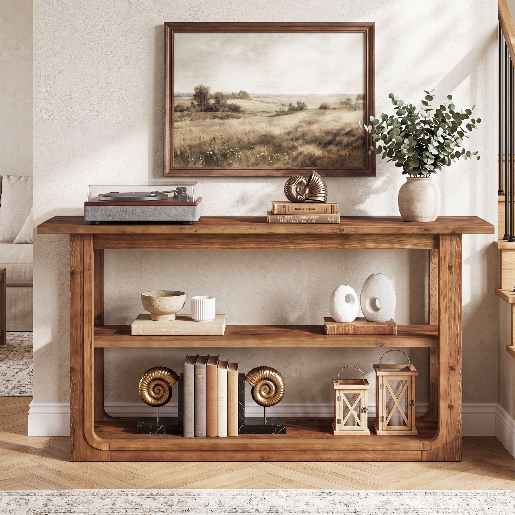 Tribesigns consolentafel van massief hout 140 cm, smalle gangtafel met 3 planken in landelijke stijl
