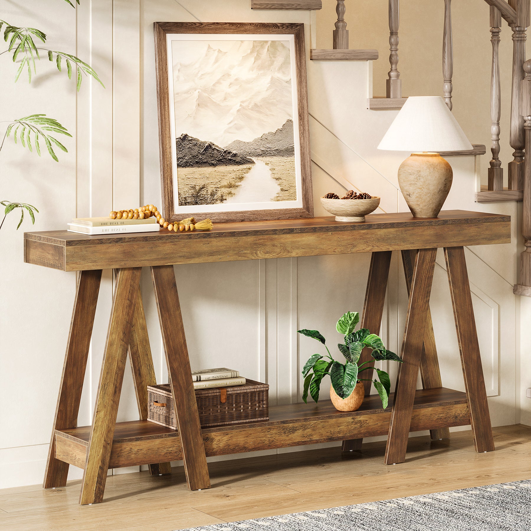 180 cm Landelijke Consoletafel met 2 Lagen, Accenttafel voor Hal en Achter Bank