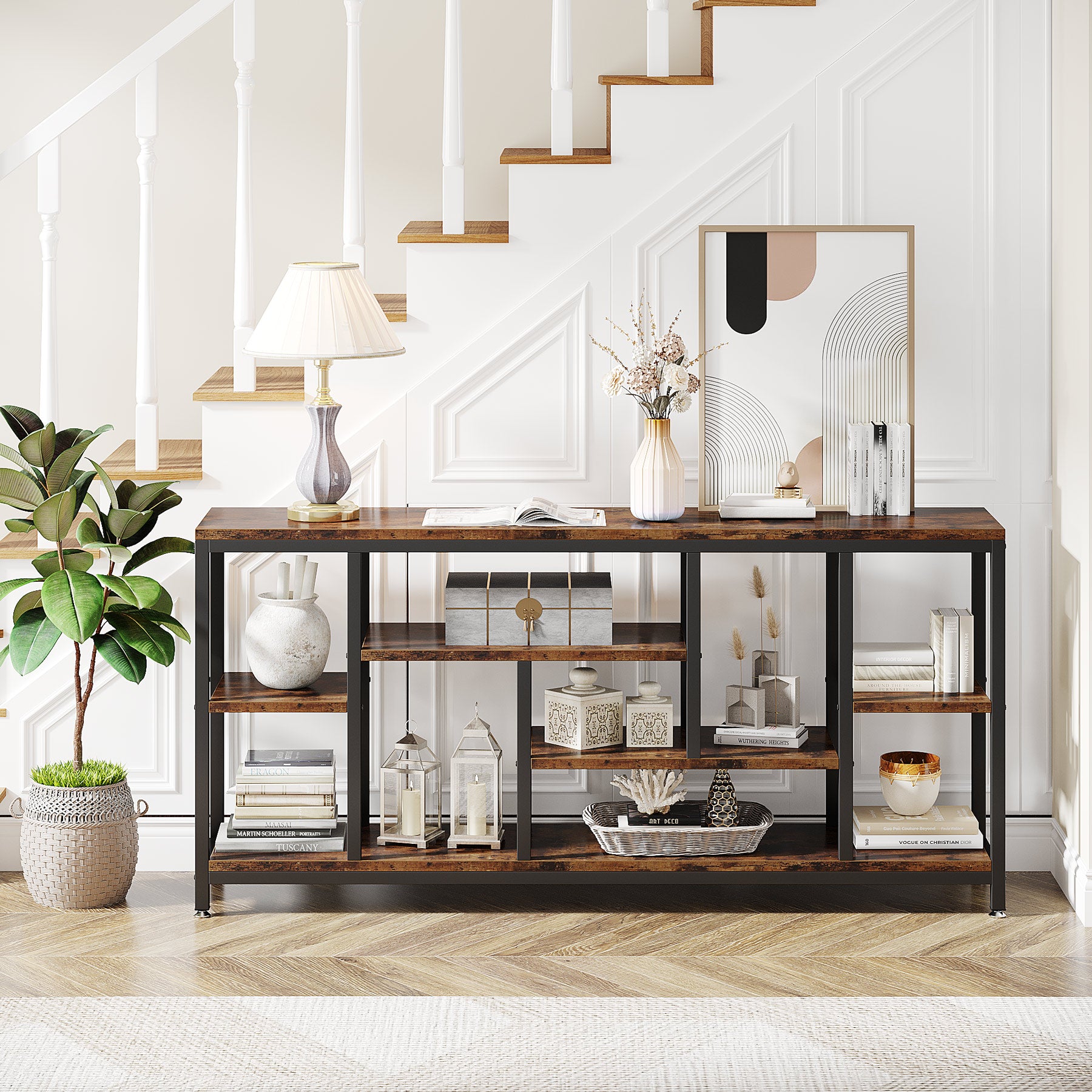 180 x 30 cm Tribesigns industriële consoletafel met 3-laagse opbergruimte, smalle sidetable achter de bank voor hal woonkamer en entree