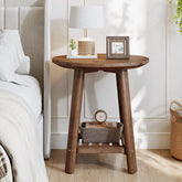 60 cm ronde massief houten bijzettafel, 2-laags landelijke opbergplank in walnootkleur 3