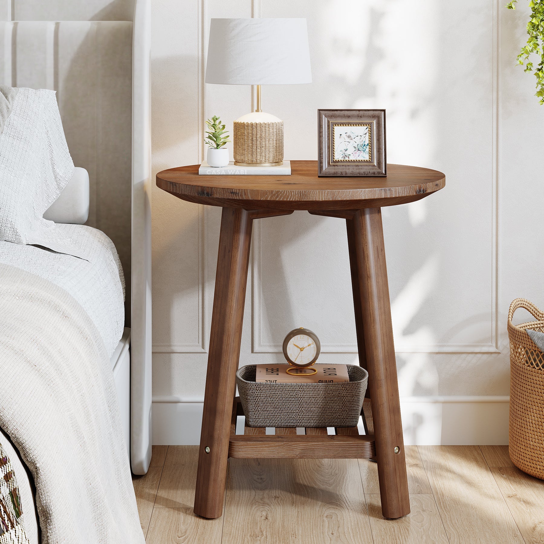 60 cm ronde massief houten bijzettafel, 2-laags landelijke opbergplank in walnootkleur
