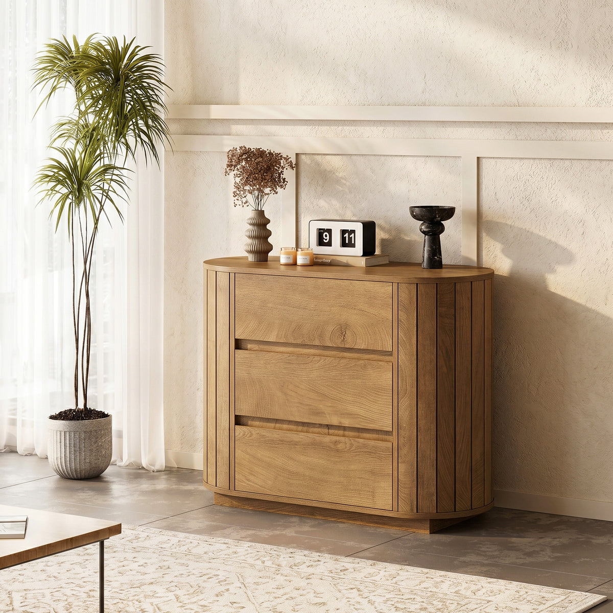 Tribesigns 90 cm groot nachtkastje met 3 lades en lattenontwerp, modern eiken zijtafel voor slaapkamer