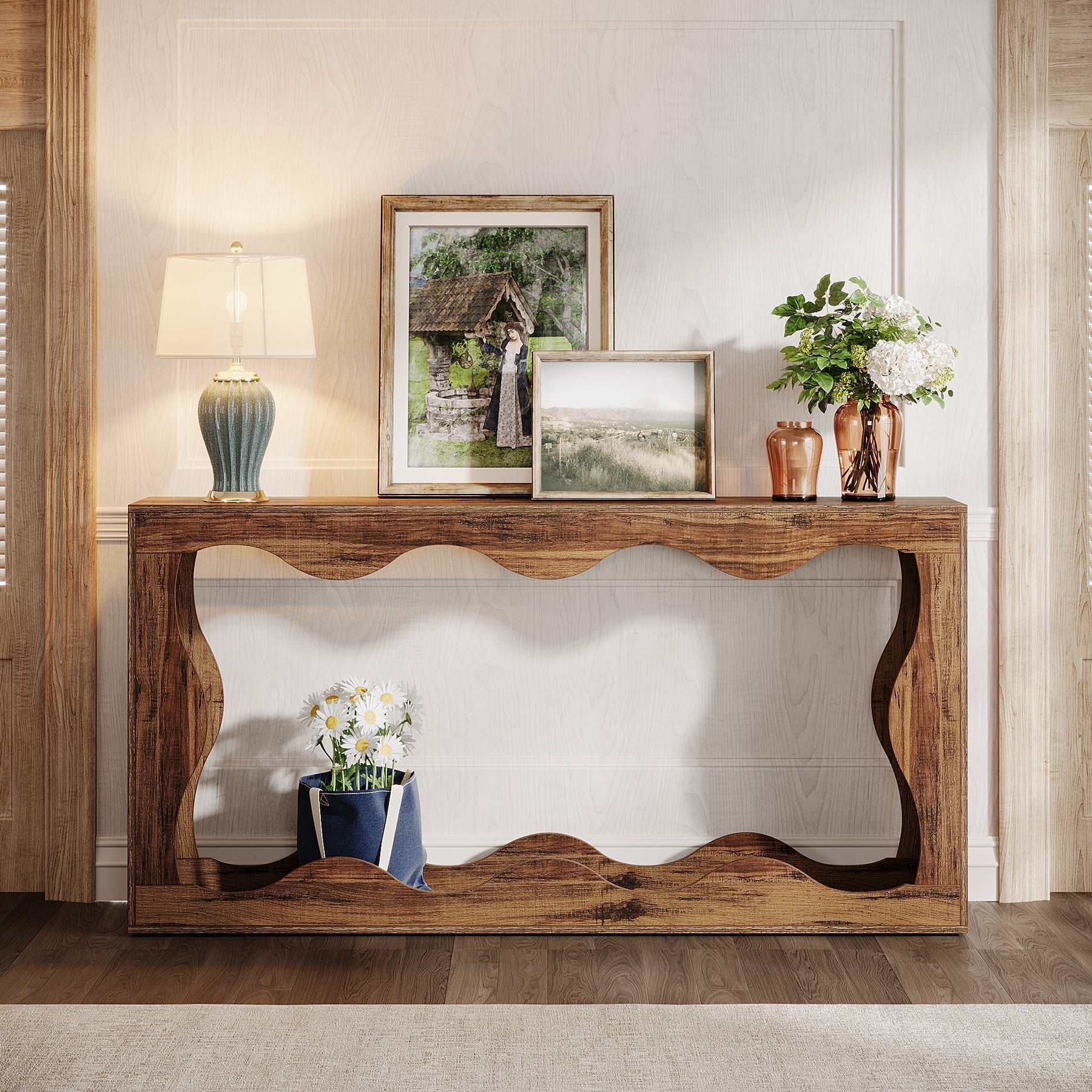 Tribesigns Consoletafel 160 cm Landelijk, Haltafel met 2 Planken