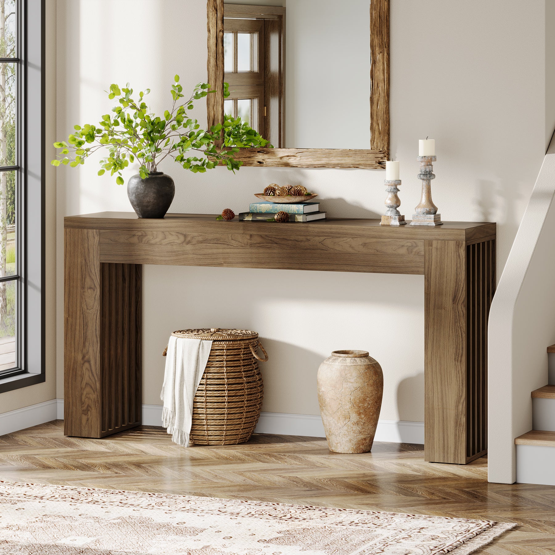 150 cm Lange Houten Salontafel achter de Bank, Consoletafel met Verticale Lattenpoten