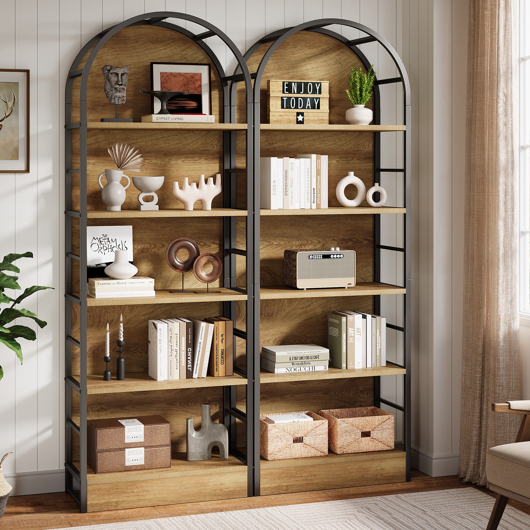 180 cm Boog Boekenkast met 5 Niveaus, Industrieel Open Rek met Metaal Frame voor Woonkamer