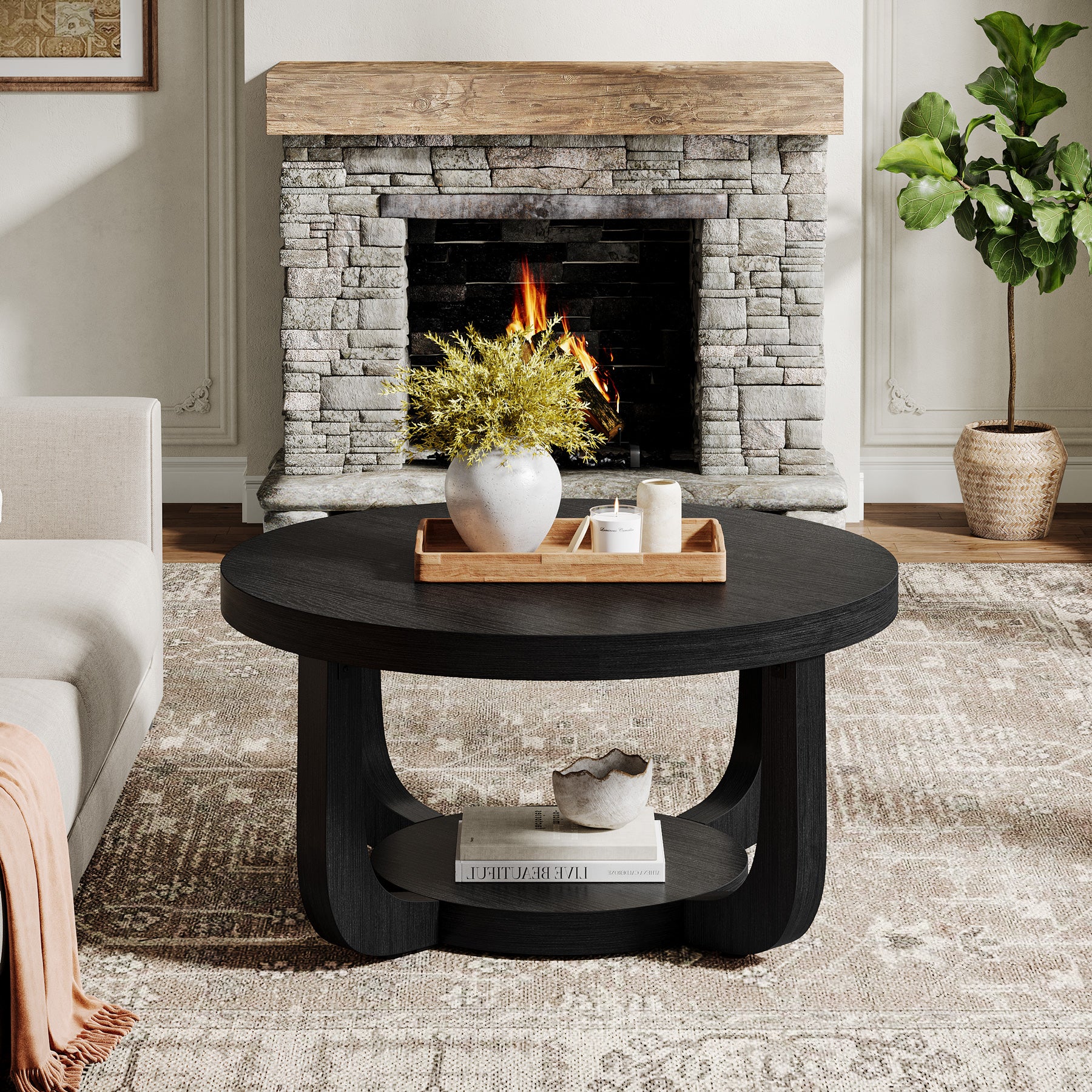 Ronde Salontafel van 80 cm met 2 Lagen en Opbergruimte, Moderne Houten Accenttafel in Rustiek Bruin voor Woonkamer