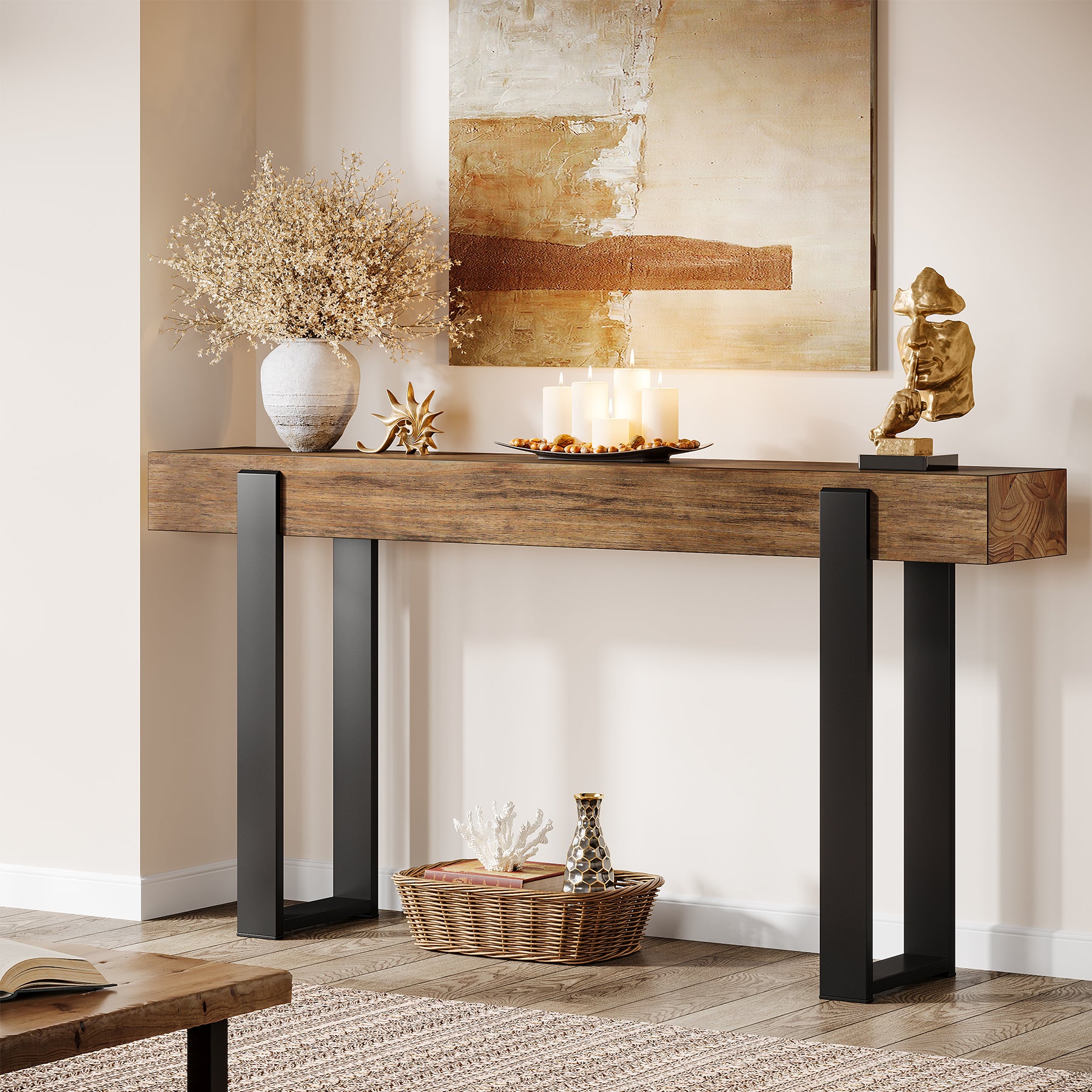 160 x 30 cm Tribesigns massief houten consoletafel met metalen steunpoten, smalle sidetable voor hal entree woonkamer en achter de bank