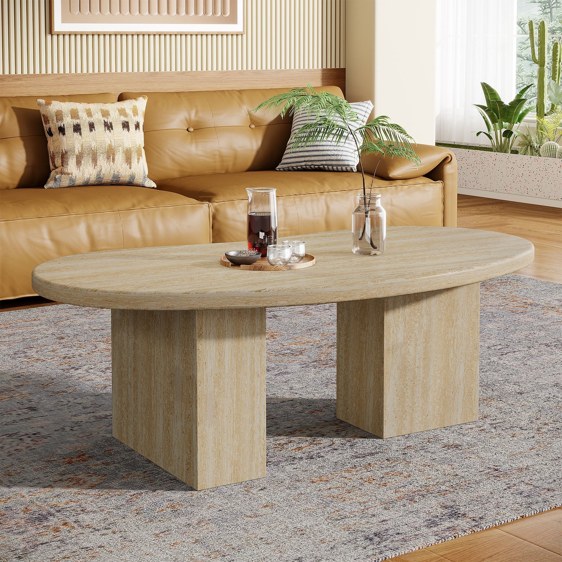115 cm Ovale Salontafel, Grote Houten Cocktailtafel met Asymmetrische Voet in Eiken