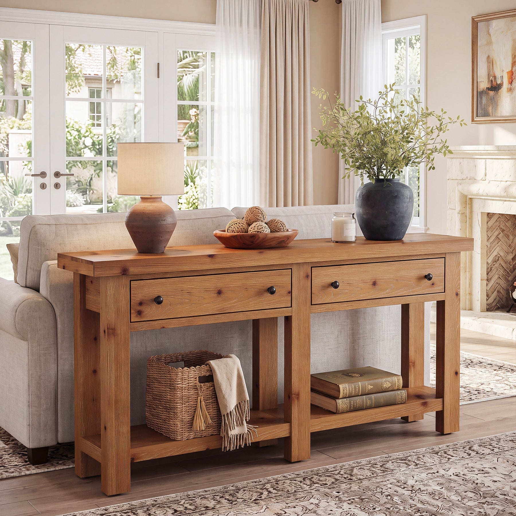 Tribesigns massief houten consoletafel 160 cm met 2 lades, smalle haltafel met plank