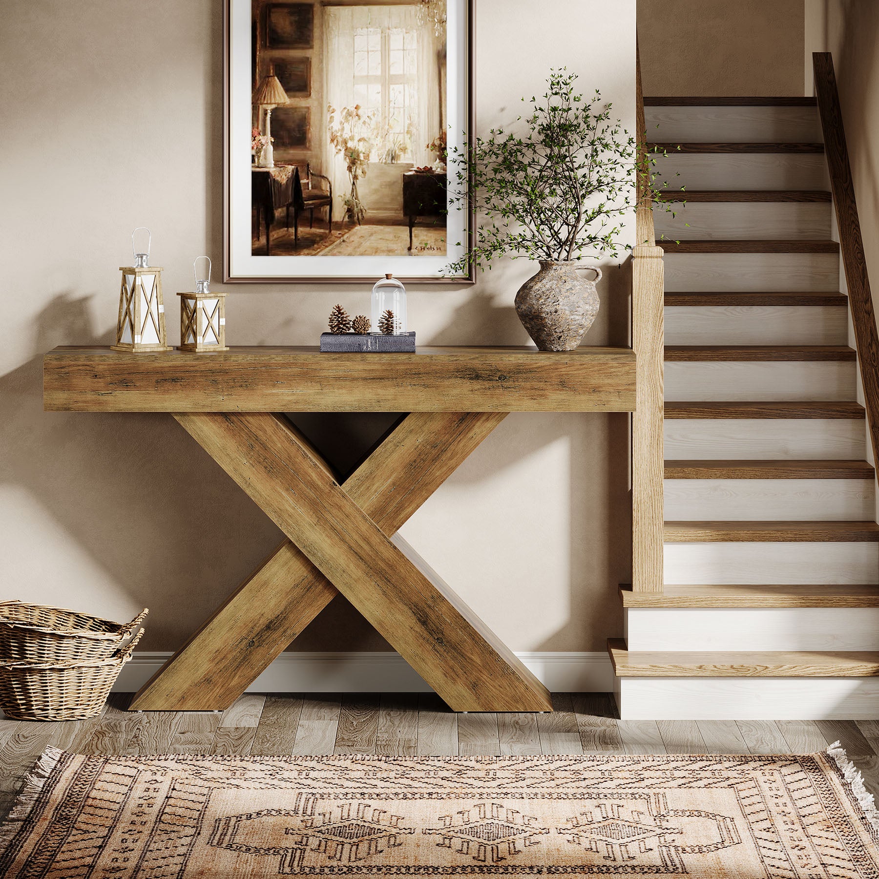 140 cm consoletafel, houten sidetable met uniek ontwerp voor hal of achter bank