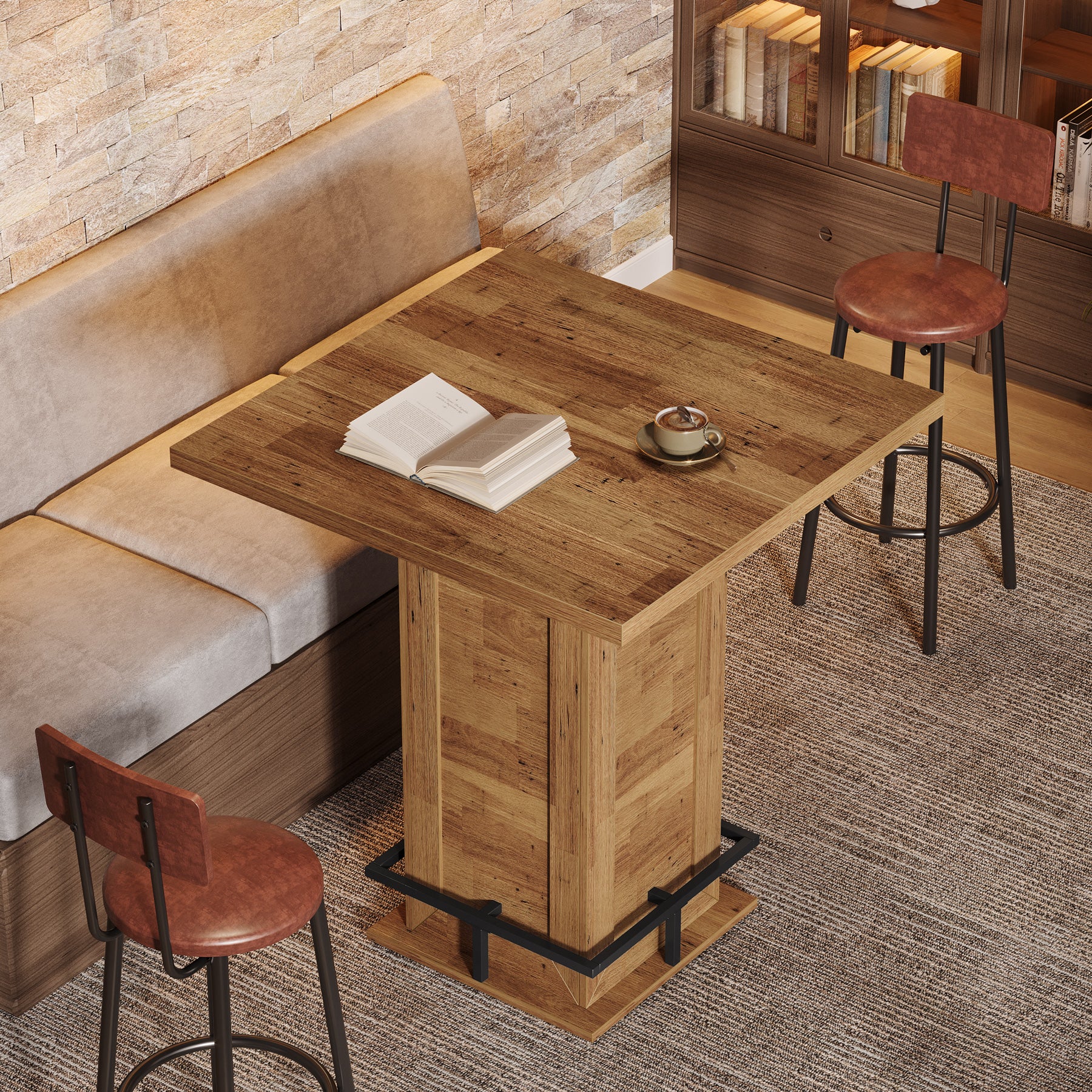 100 cm Vierkante Bartafel Industrieel, Hoge Bistrotafel met Voetsteun voor Keuken Bar Kleine Ruimtes
