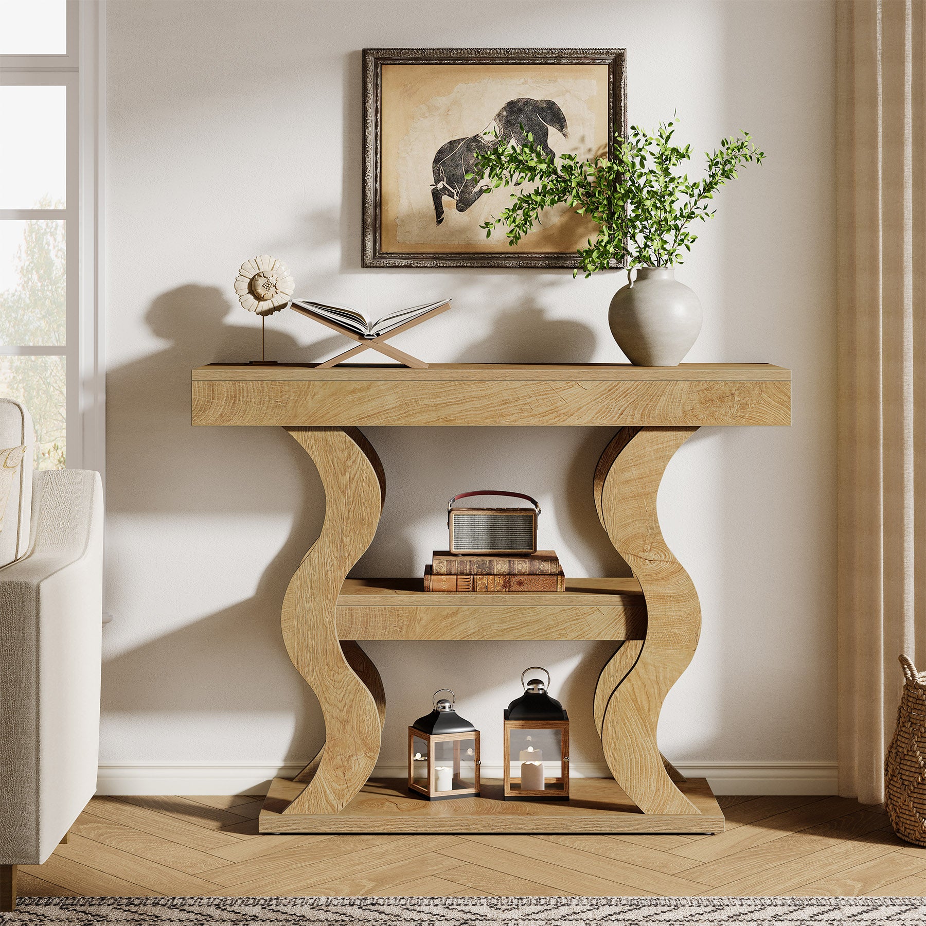 105 cm Smalle Consoletafel met 3 Planken, Houten Haltafel voor Entree