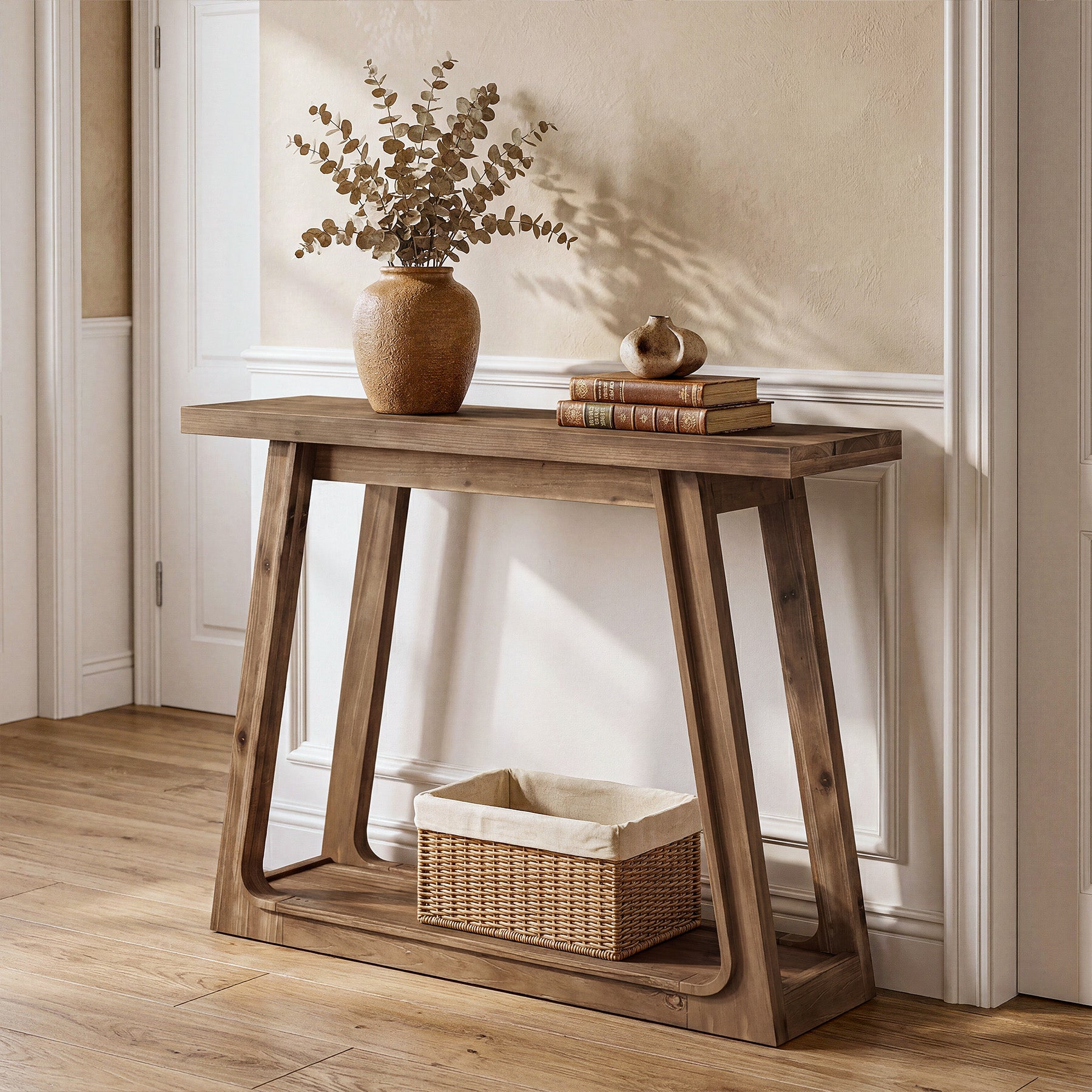 105 x 30 x 80 cm Tribesigns massief houten sidetable met trapeziumvormige basis, haltafel voor entree en woonkamer