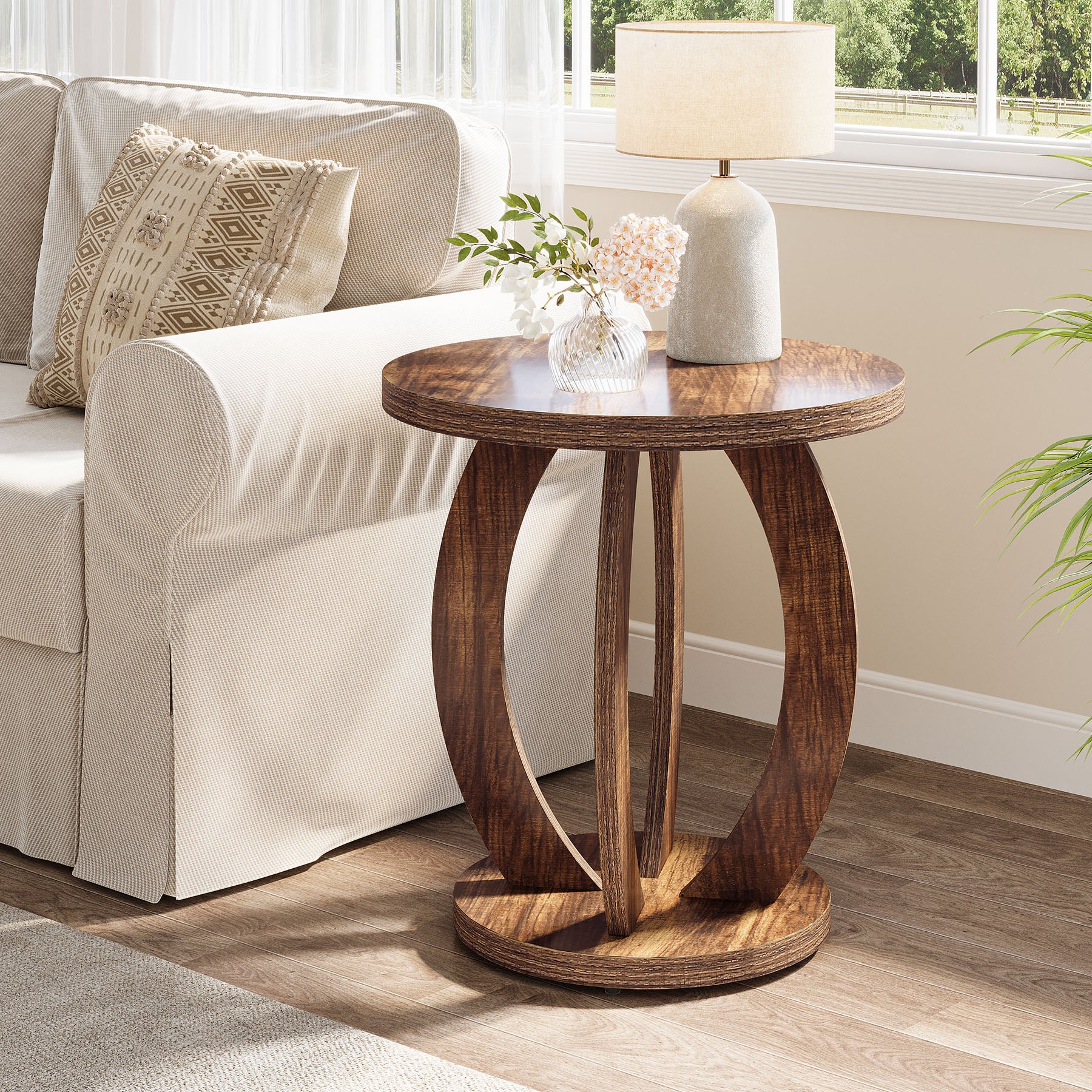 60 cm Compacte ronde bijzettafel met opbergruimte, landelijk tafeltje voor kleine ruimtes
