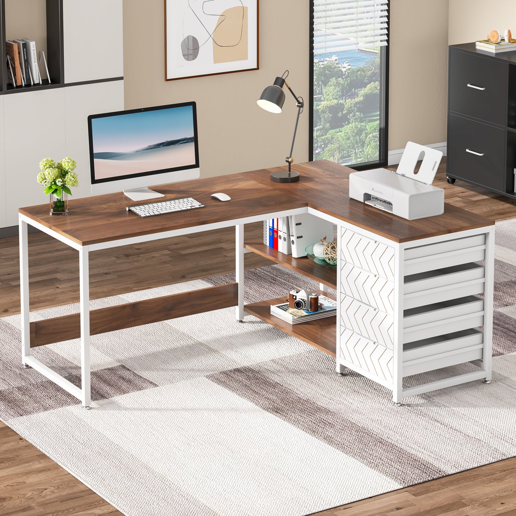 150 cm L-vormig Bureau, Met 4 Laden en 2 Planken voor Kantoor en Werkkamer