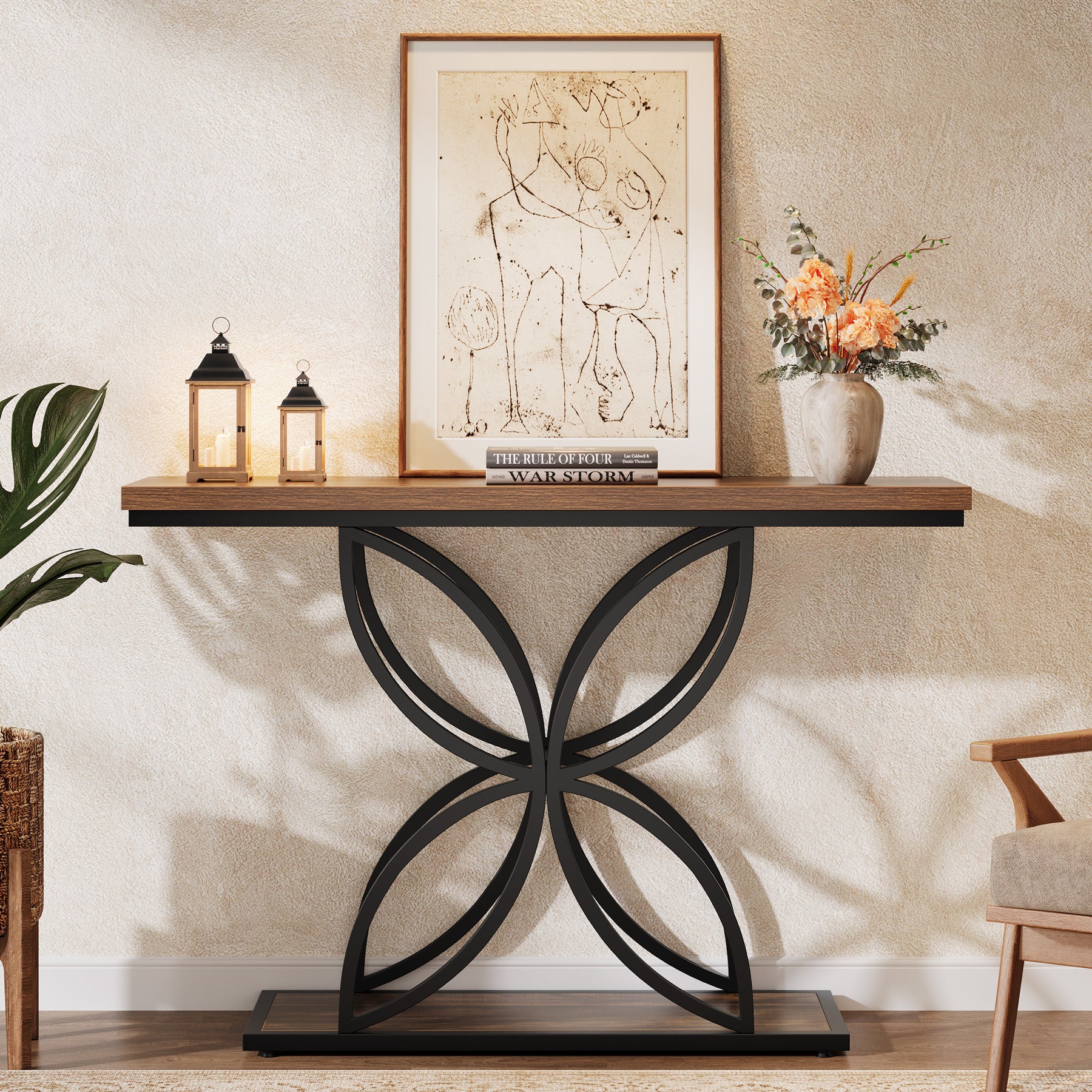 Tribesigns 120 cm Industrieel Console Tafel, Unieke Vlinder Metaal Basis