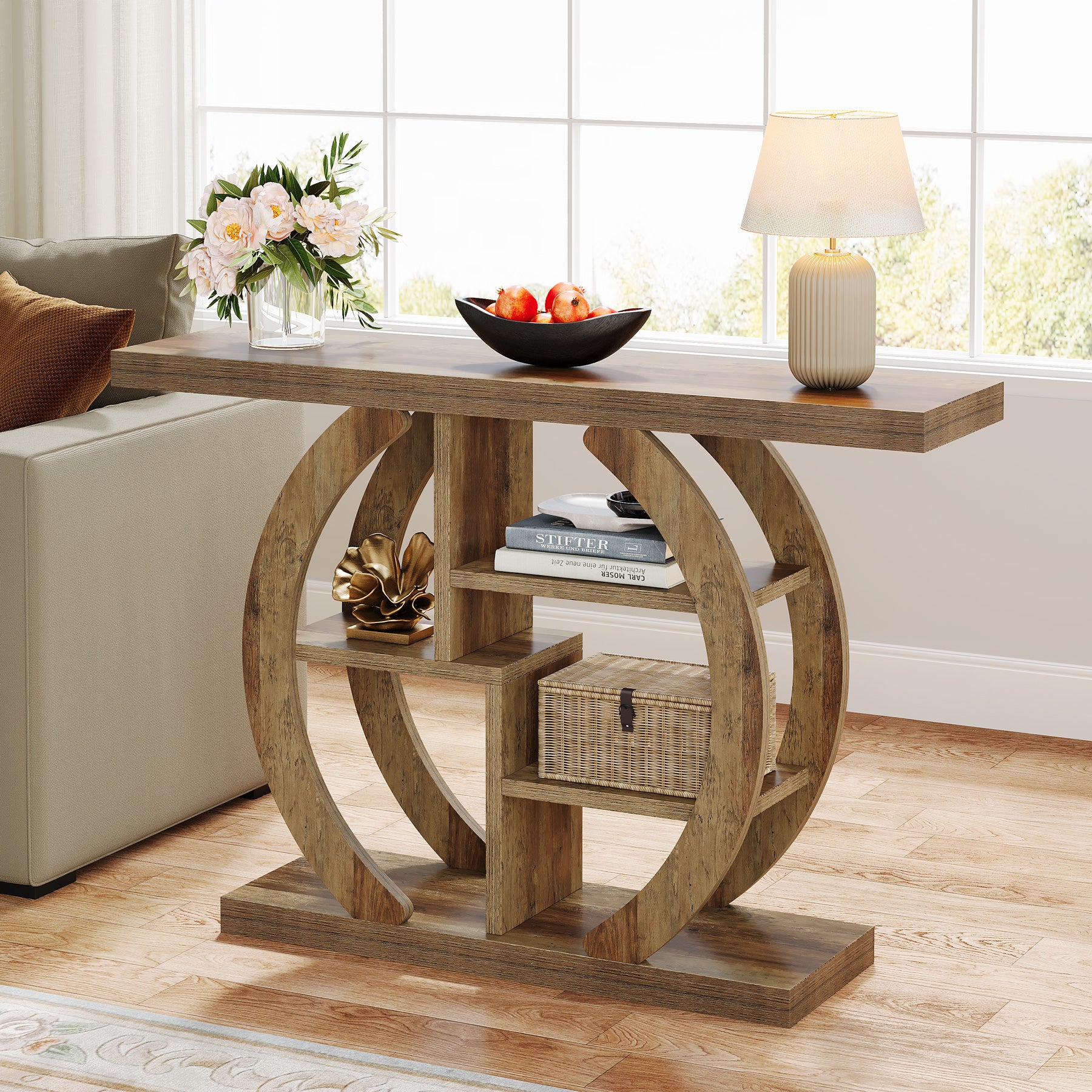 108 cm Houten Consoletafel met 4 Lagen Opslag en Cirkelvormige Basis