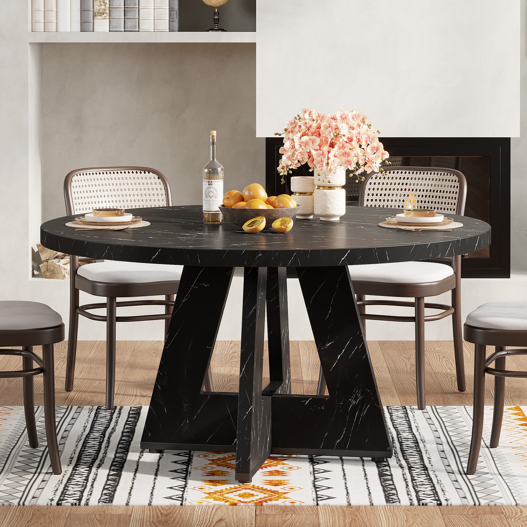 120 cm Ronde Boeren Eettafel, Bruin Houten Tafelblad voor 4 Personen in Keuken of Woonkamer