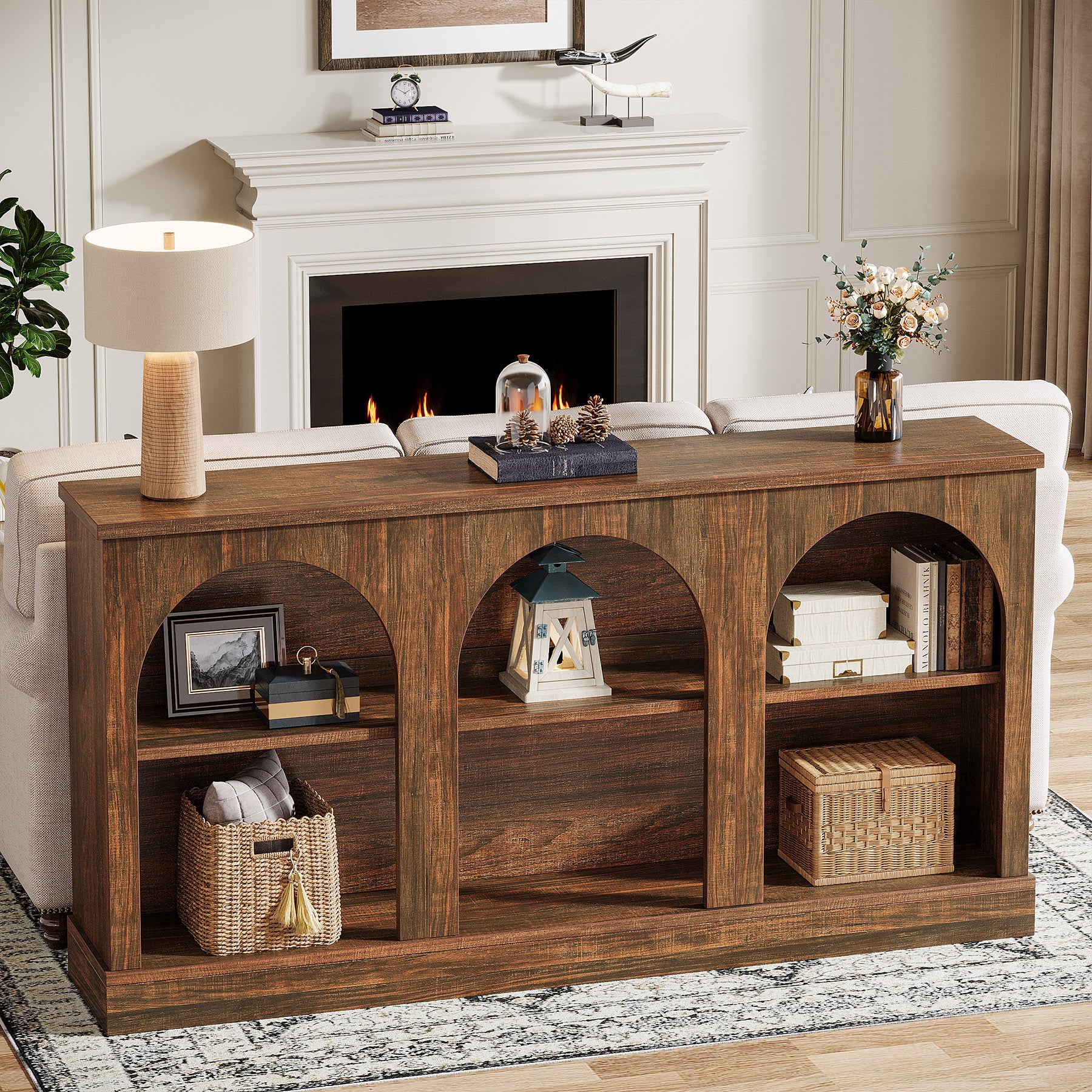 160 cm Boerderij Console, Lange Houten Tafel met Drie Planken voor Hal en Woonkamer