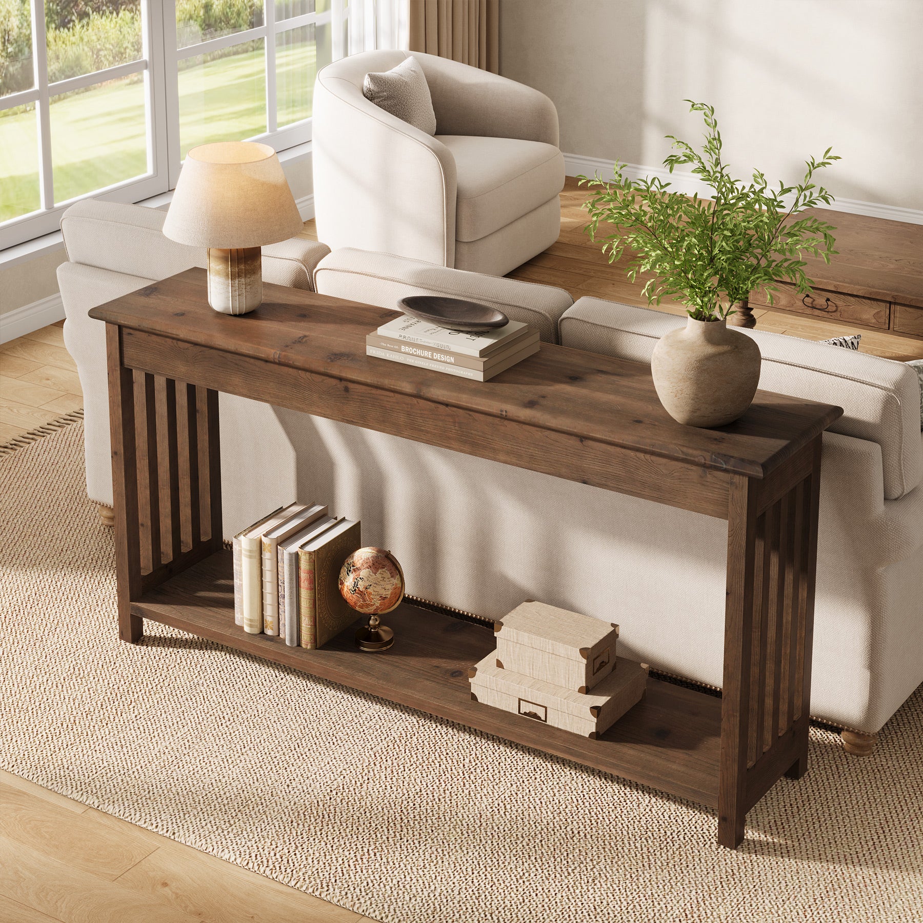 160 cm Houten Consoletafel met 2-Laags Opbergruimte, Lange Sofa Tafel voor Entree