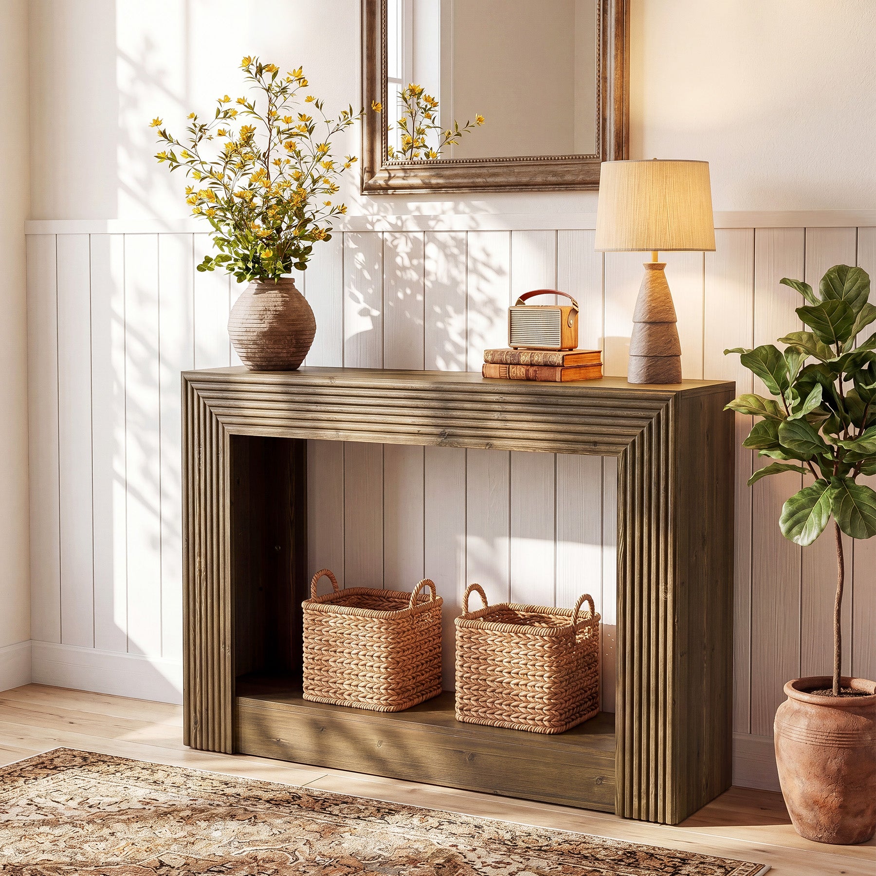 105 cm farmhouse consoletafel met opbergruimte, smalle 2-laagse sidetable voor entree of achter de bank