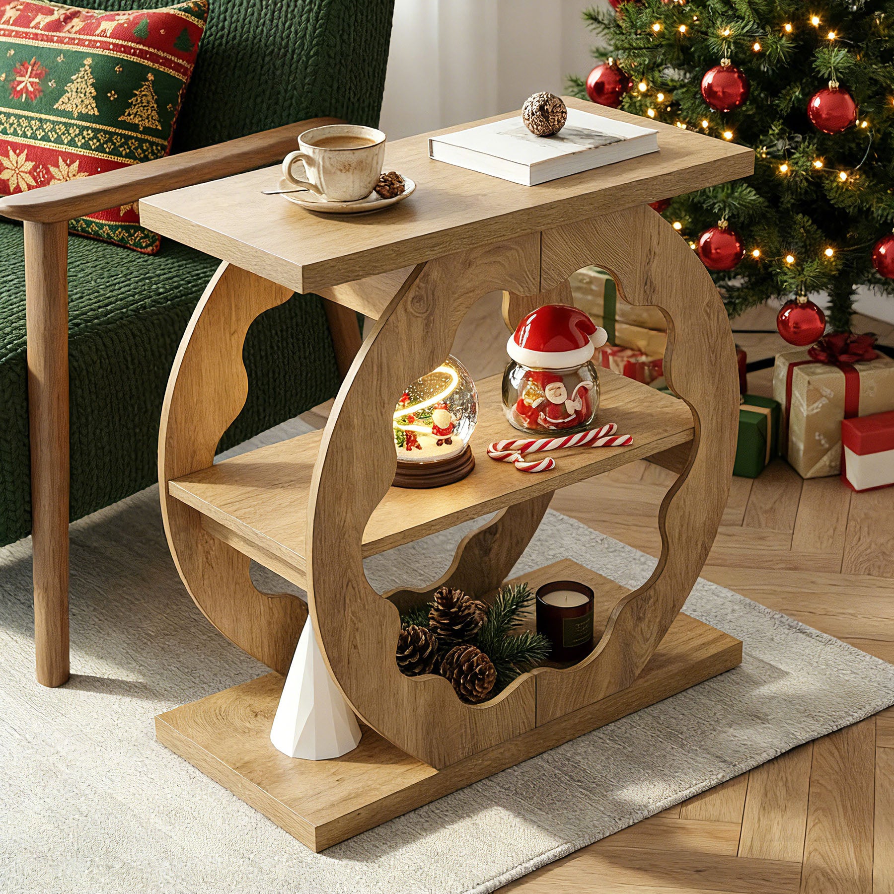 60 cm Smalle Bijzettafel met 3 Niveaus en Opbergrek, Houten Tafel voor Slaapkamer en Kleine Ruimtes