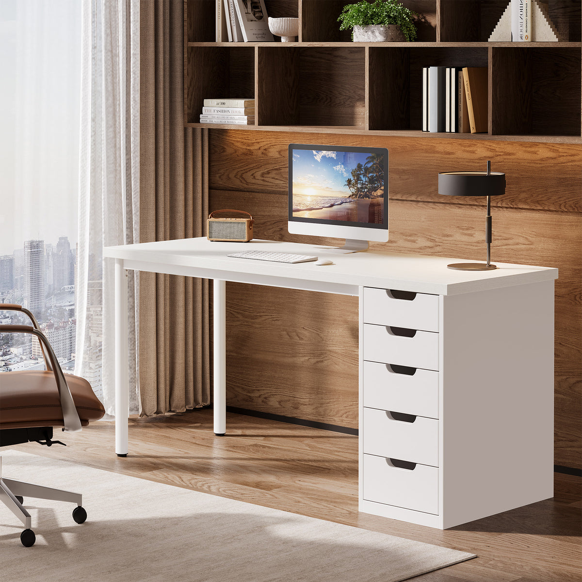 120 cm Tribesigns Bureau met 5 Lades, Compact Computerbureau met Opbergruimte voor Thuiswerkplek