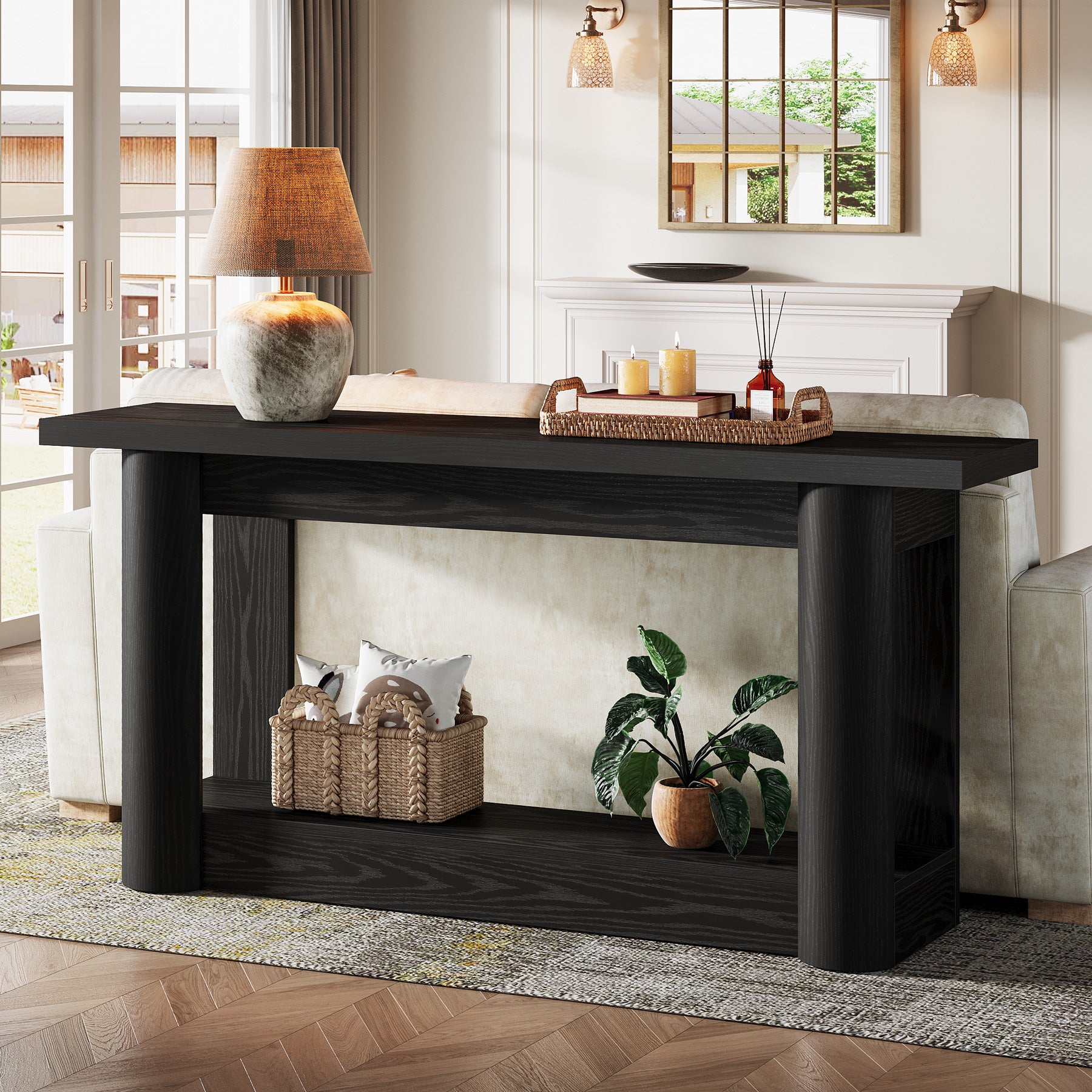 160 cm Landelijke Console met 2 Planken, Smalle Lange Salontafel in Rustiek Bruin voor Hal en Entree