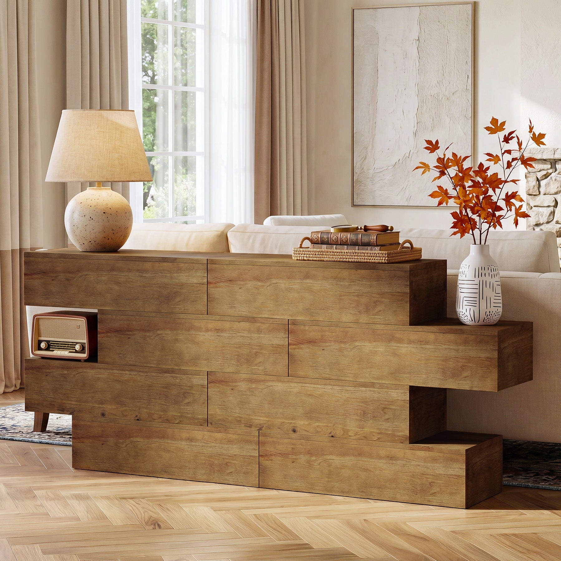Tribesigns Massief Houten Console Tafel 110 cm met 4 niveaus, smalle haltafel in landelijke stijl
