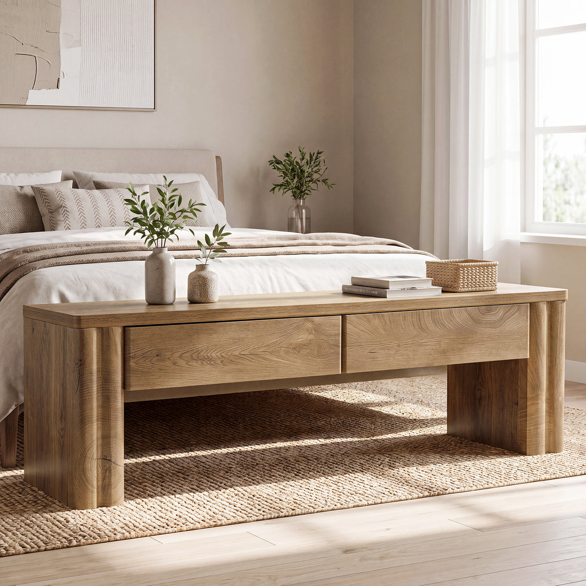 140 cm Tribesigns bedbank met 2 verborgen opberglades, moderne landelijke zitbank in warme eikenlook voor slaapkamer