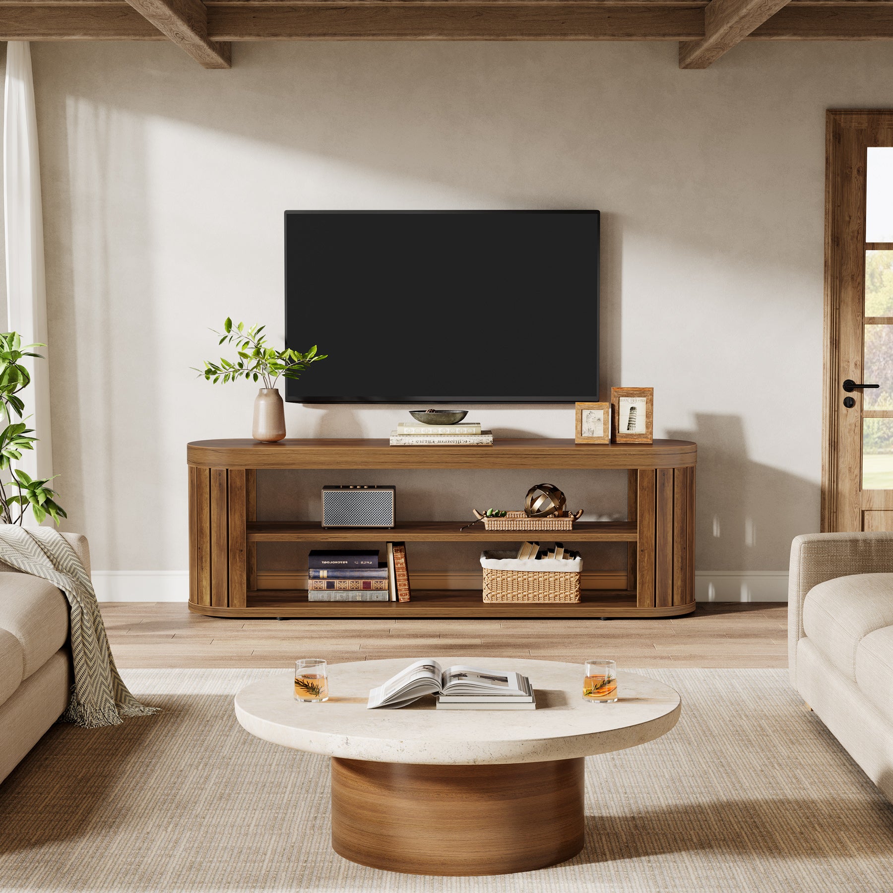 120 cm TV Meubel voor TV tot 55 Inch, Ovale Media Tafel met 2 Niveaus Opbergruimte voor Woonkamer Slaapkamer