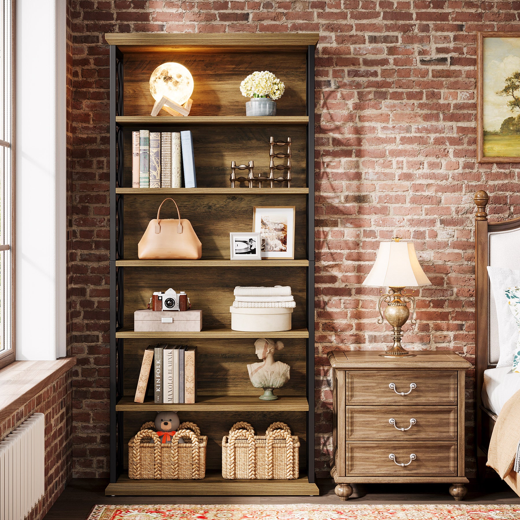 185 cm Hoge Industriële Boekenkast, 6 Planken Open Etagère in Hout en Metaal voor Woonkamer