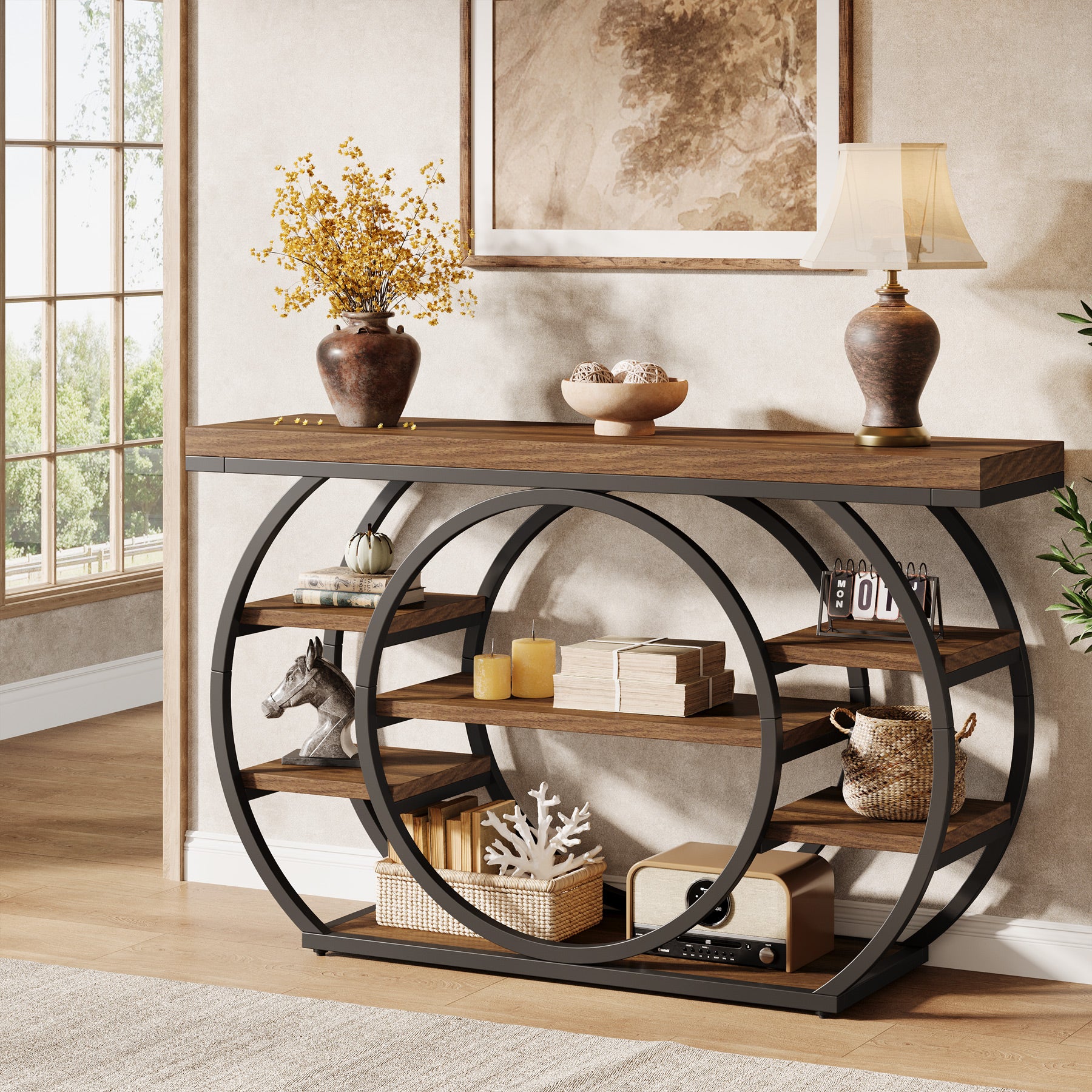 Consoletafel van 120 cm met 5 Lagen in Industrieel Design, Smalle Banktafel voor Woonkamer en Hal in Rustiek Bruin