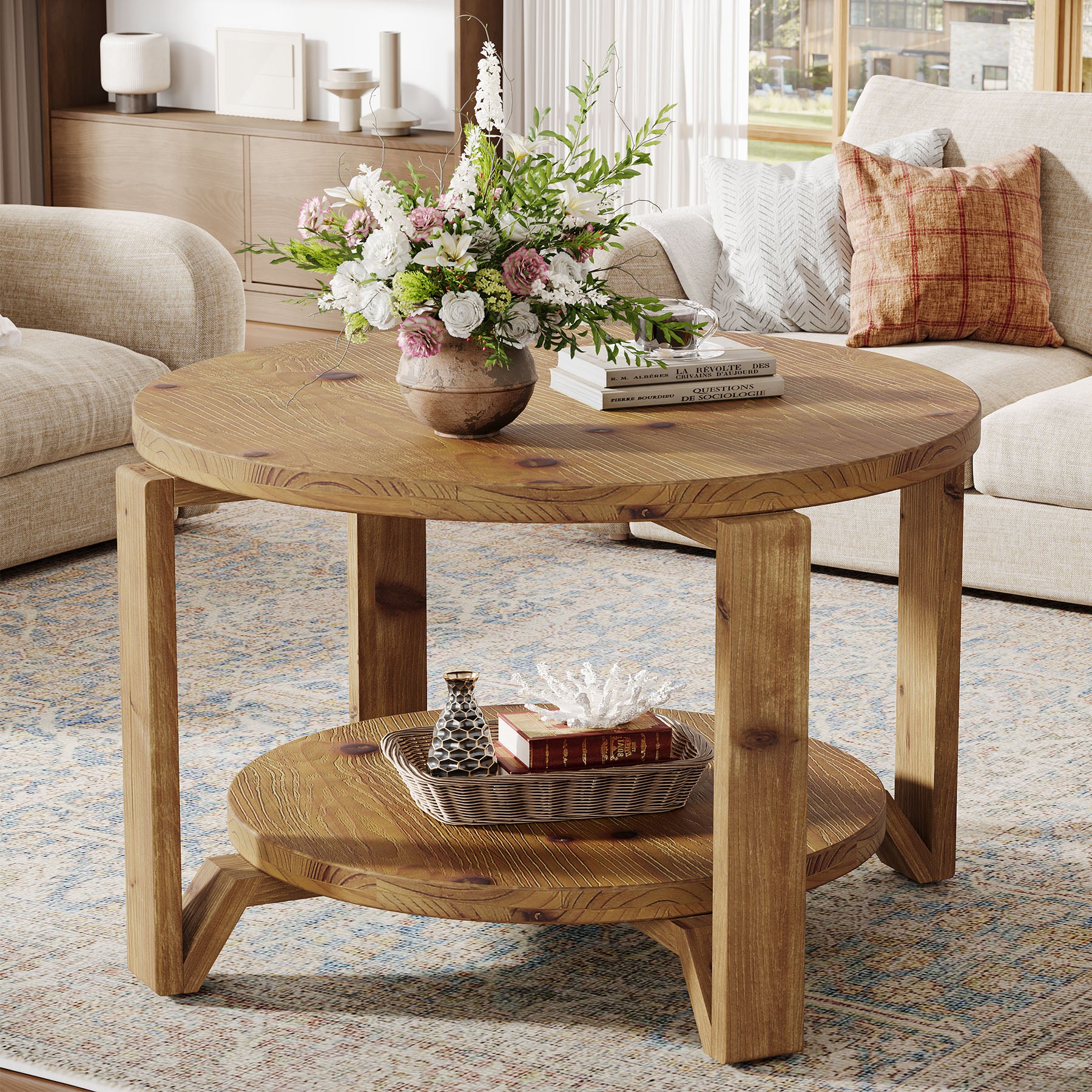 80 cm Ronde Salontafel in Walnoot met Opbergruimte, Mid-Century Accenttafel