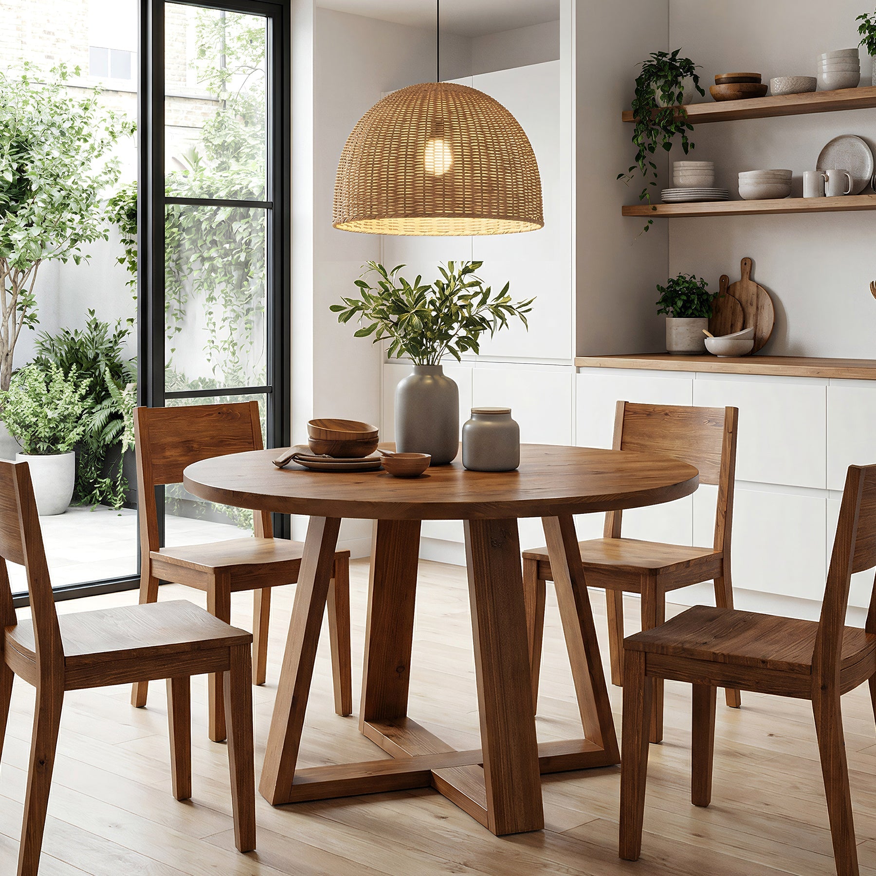 120 cm Ronde Eettafel, Landelijke Massief Houten Keukentafel met Schragenonderstel voor 4 Personen