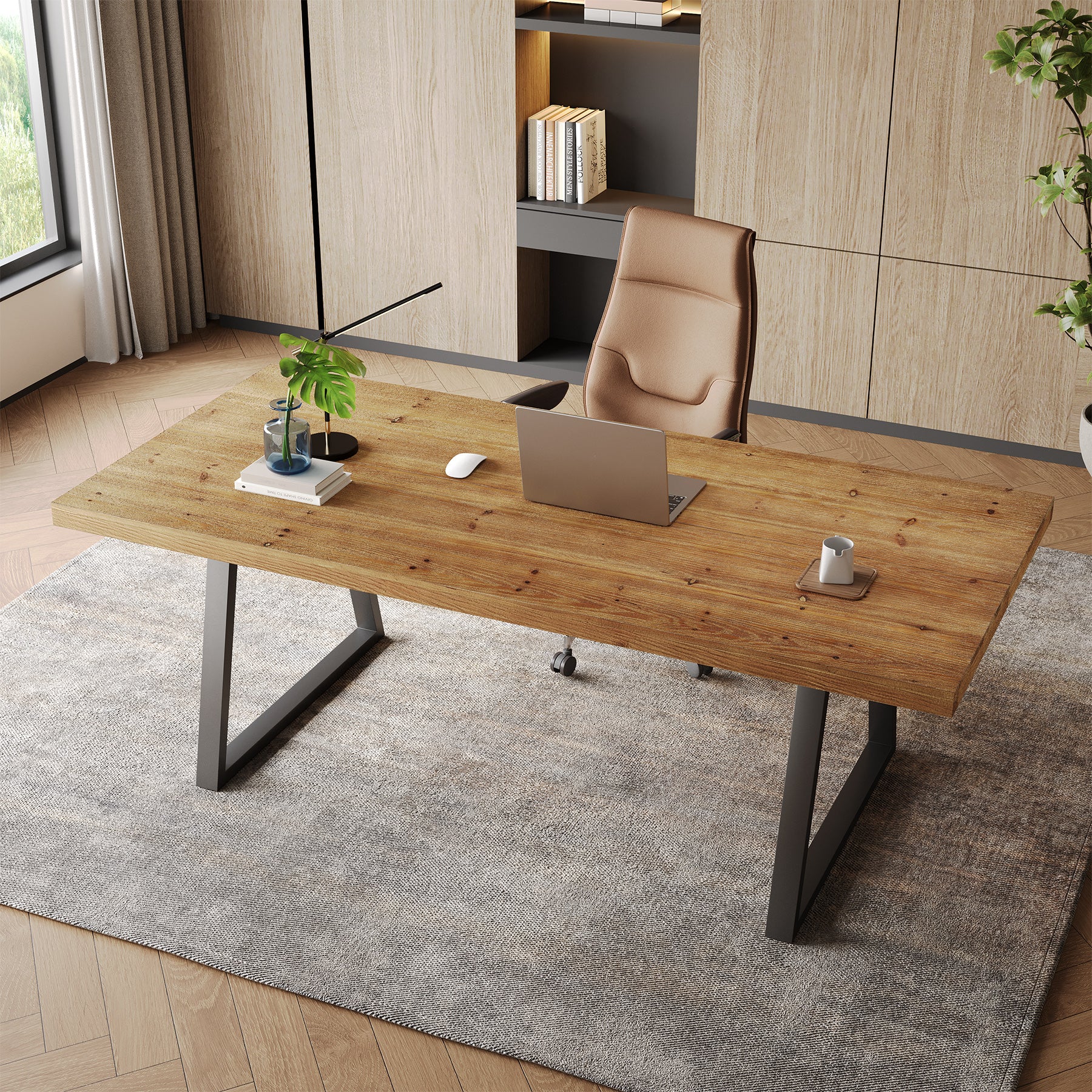 160 cm Industrieel Bureau, Massief Houten Blad met Robuuste Metalen Poten