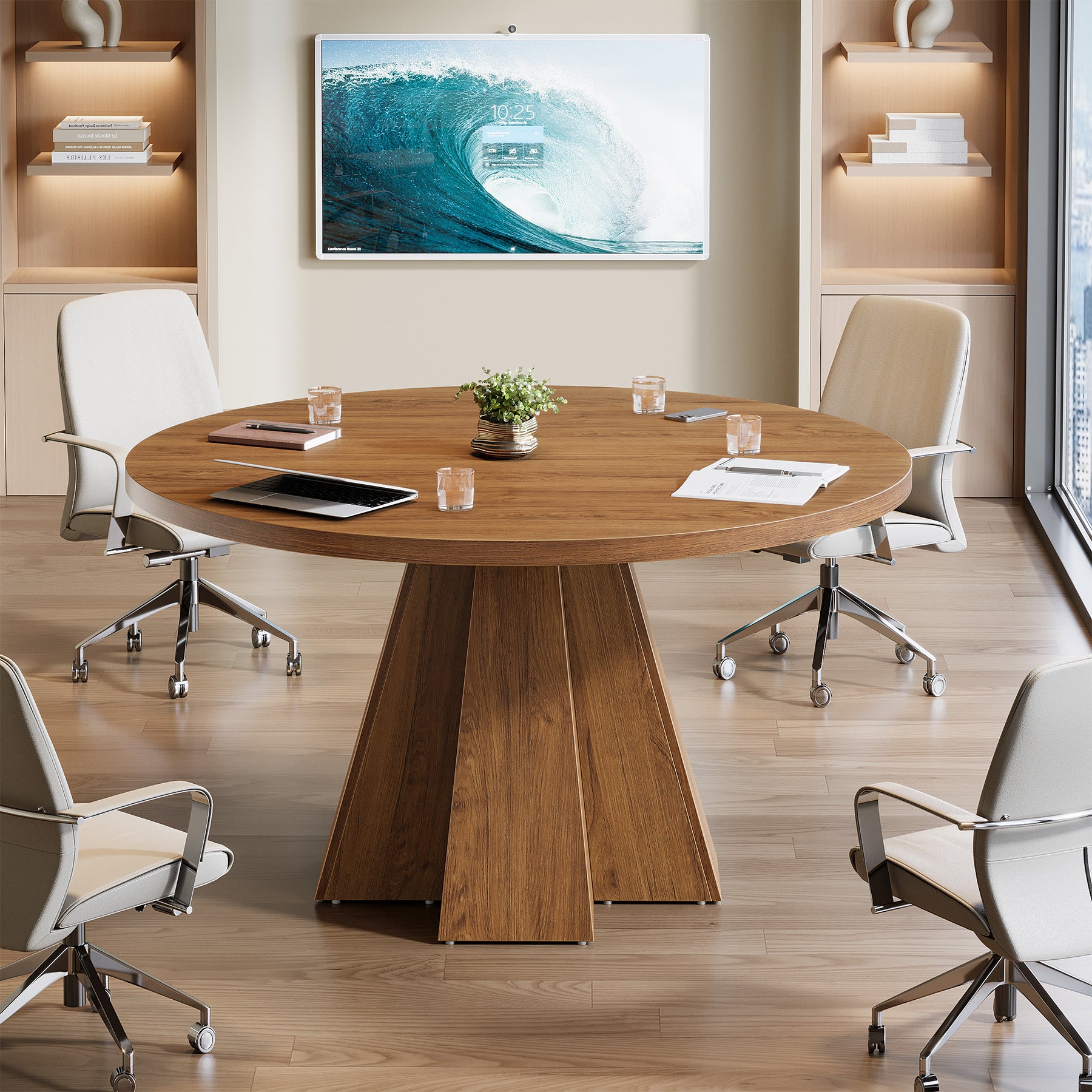 Tribesigns Ronde Conferentietafel 118 cm met Dik Tafelblad, Compacte Vergadertafel met Taps Toelopende Basis voor Kantoor en Kleine Ruimtes